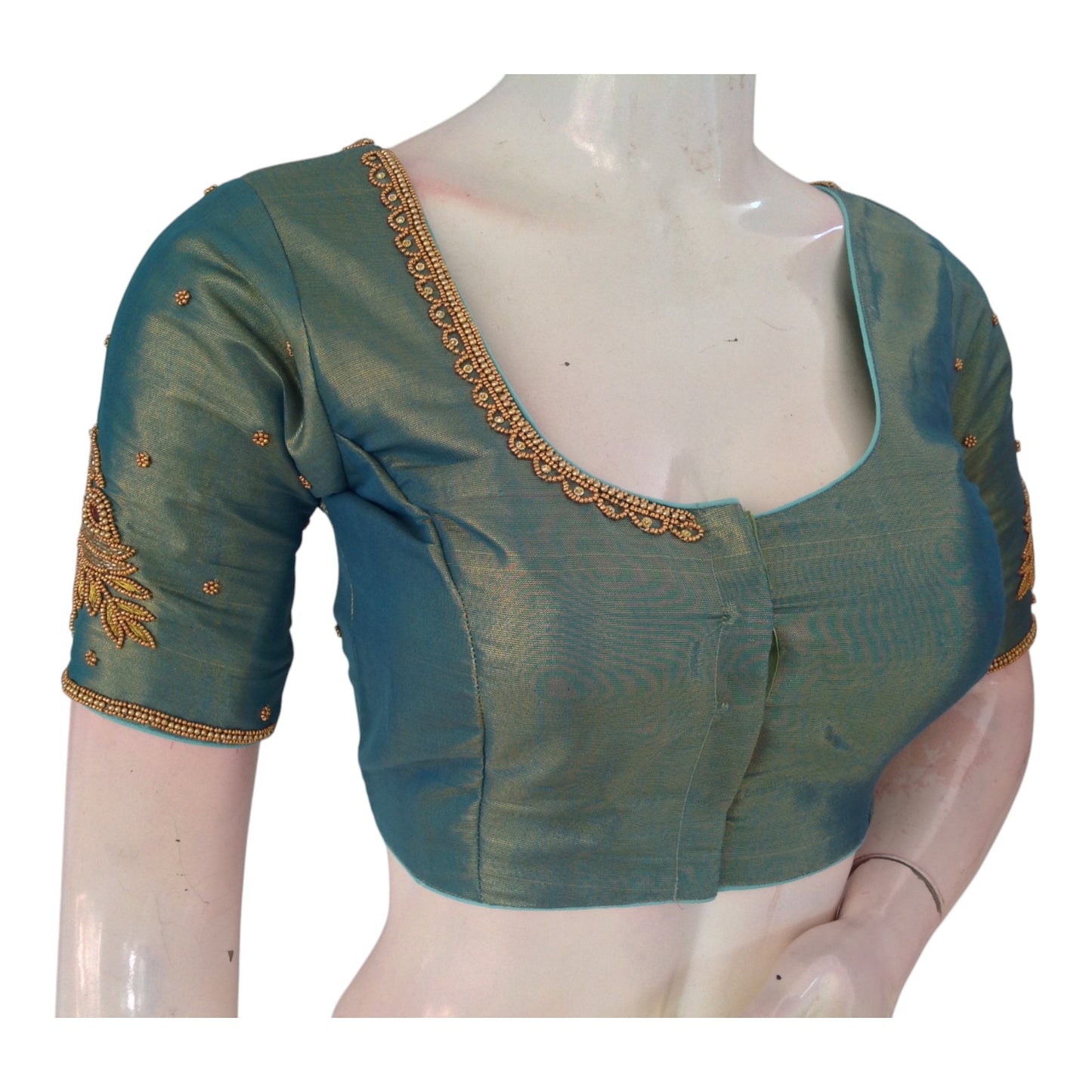 Elegant Teal Green Aari Handwork Tissue Silk Wedding Blouse - D3 Blouses