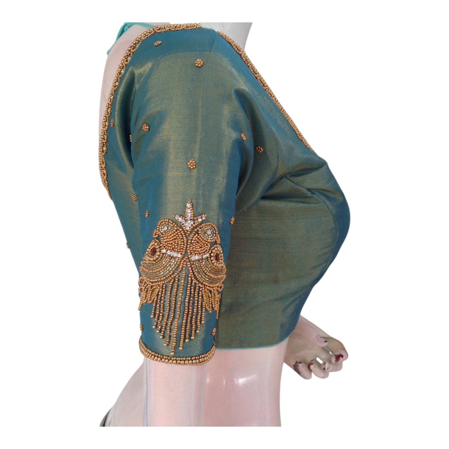 Elegant Teal Green Aari Handwork Tissue Silk Wedding Blouse - D3 Blouses