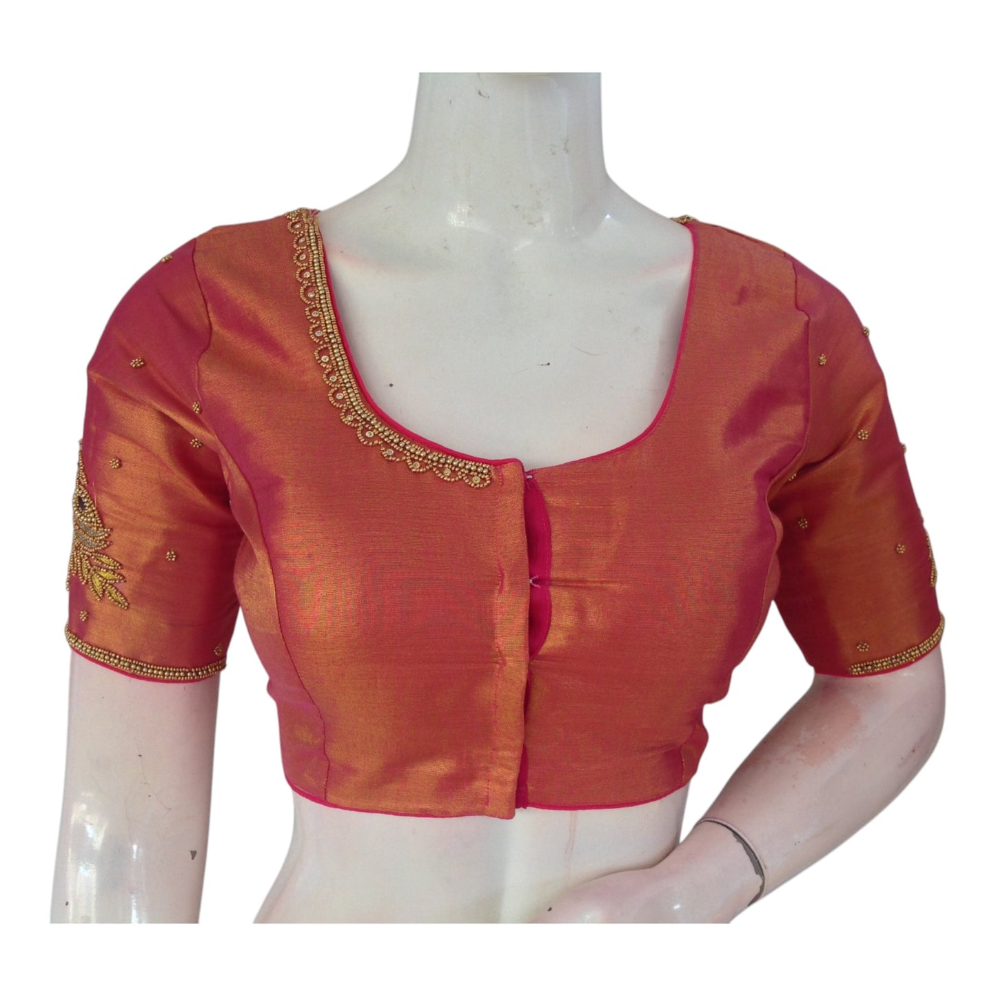 Luxurious Raspberry Tissue Silk Blouse with Exquisite Aari Embroidery - D3 Blouses
