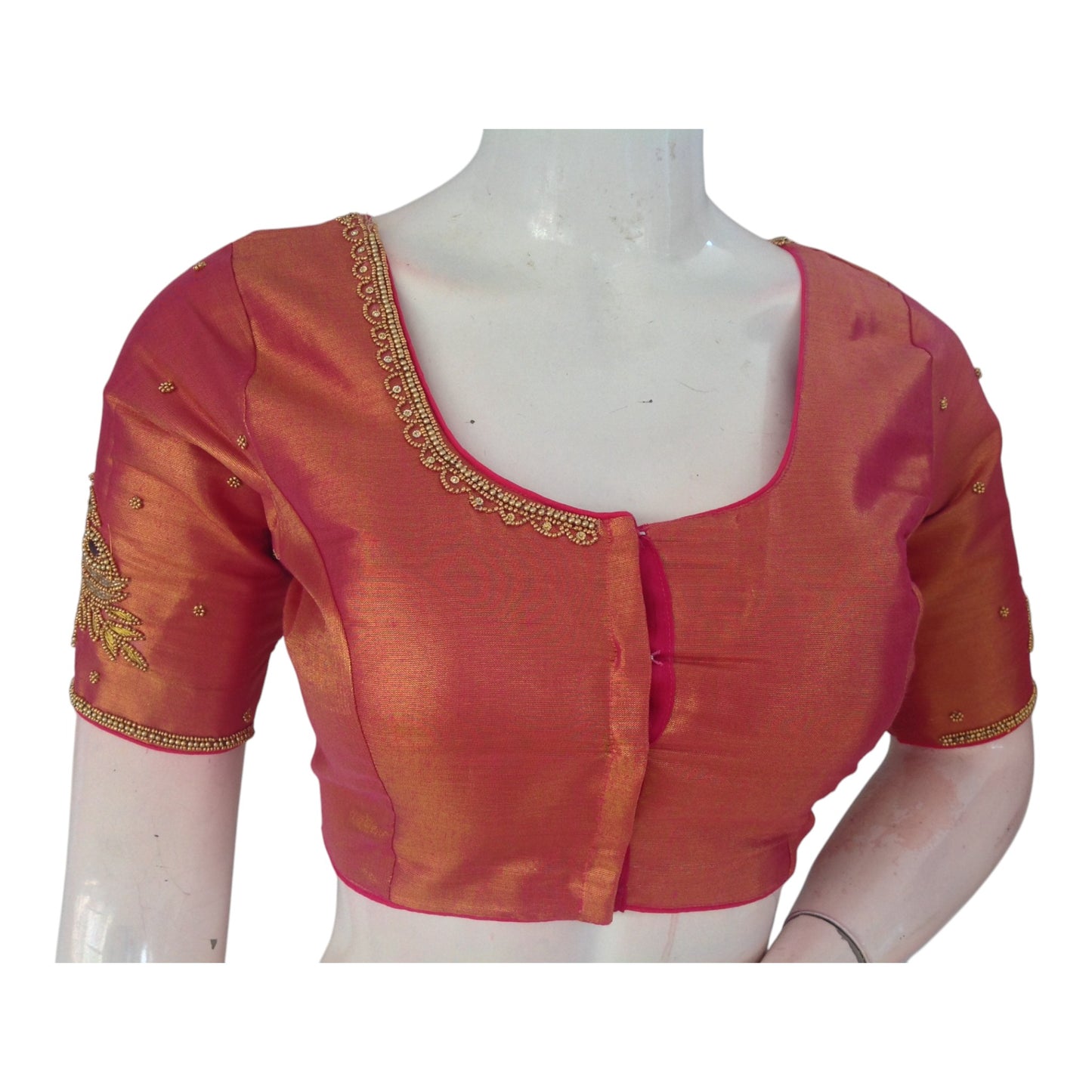 Luxurious Raspberry Tissue Silk Blouse with Exquisite Aari Embroidery - D3 Blouses