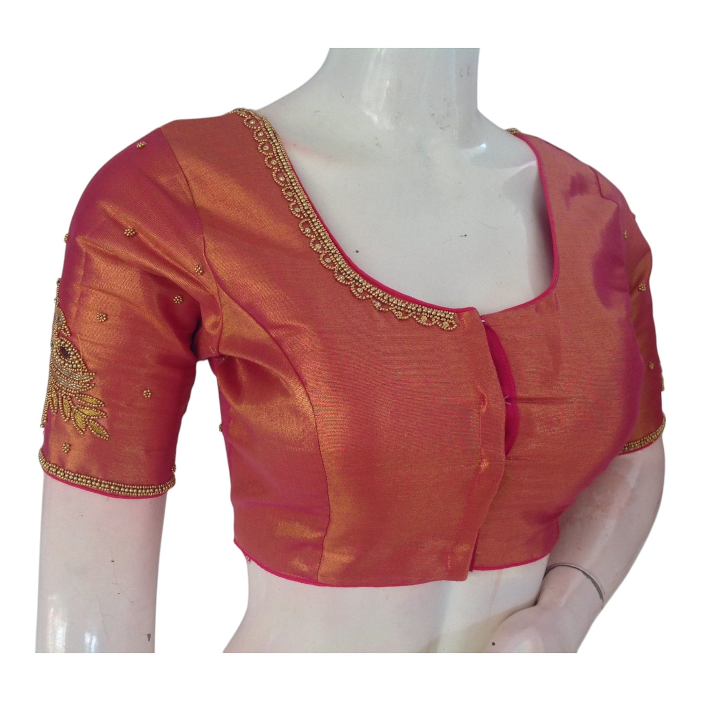 Luxurious Raspberry Tissue Silk Blouse with Exquisite Aari Embroidery - D3 Blouses