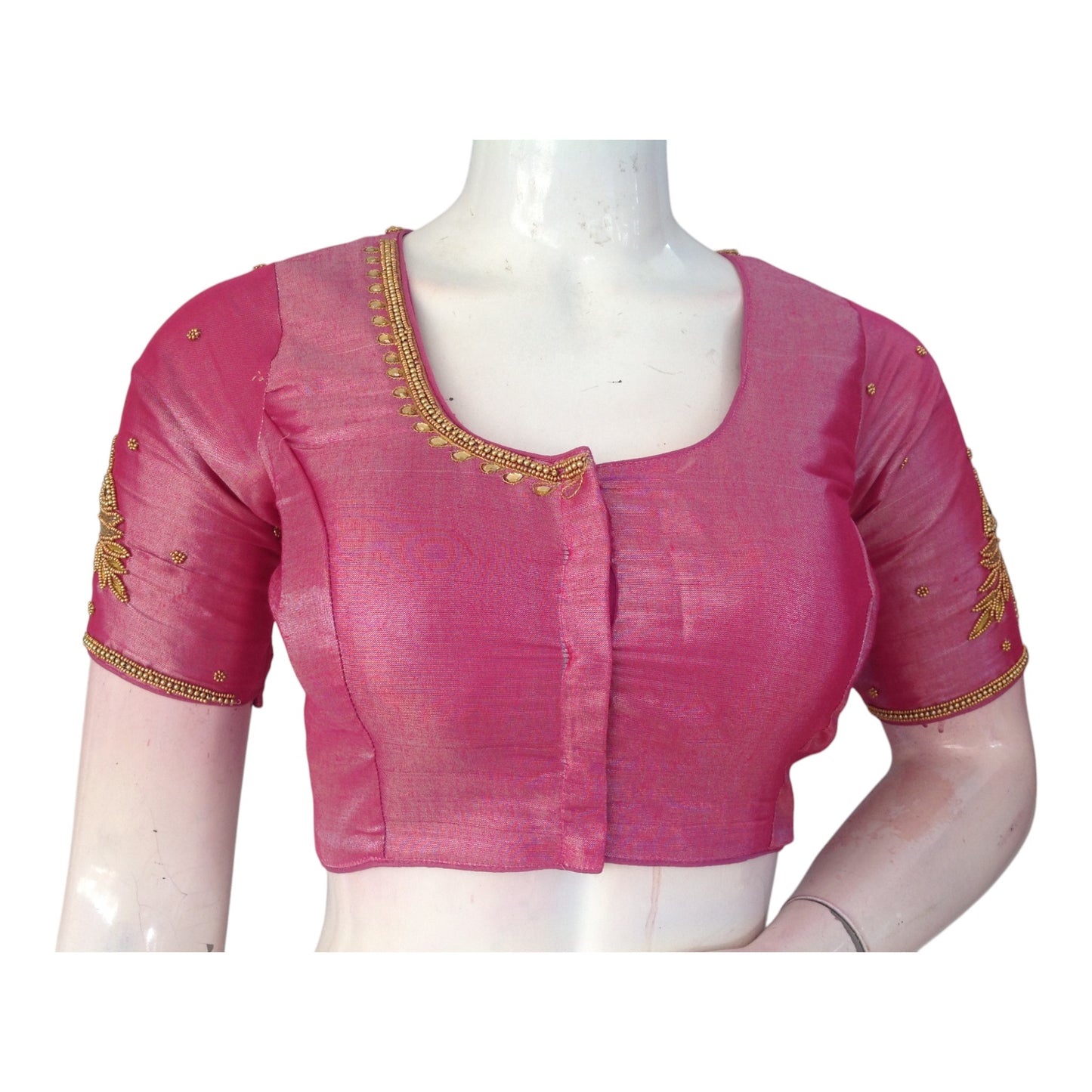 Lovely Pink Aari Handwork Tissue Silk Wedding Blouse - D3 Blouses