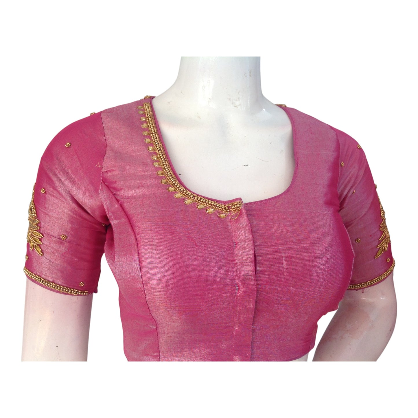 Lovely Pink Aari Handwork Tissue Silk Wedding Blouse - D3 Blouses