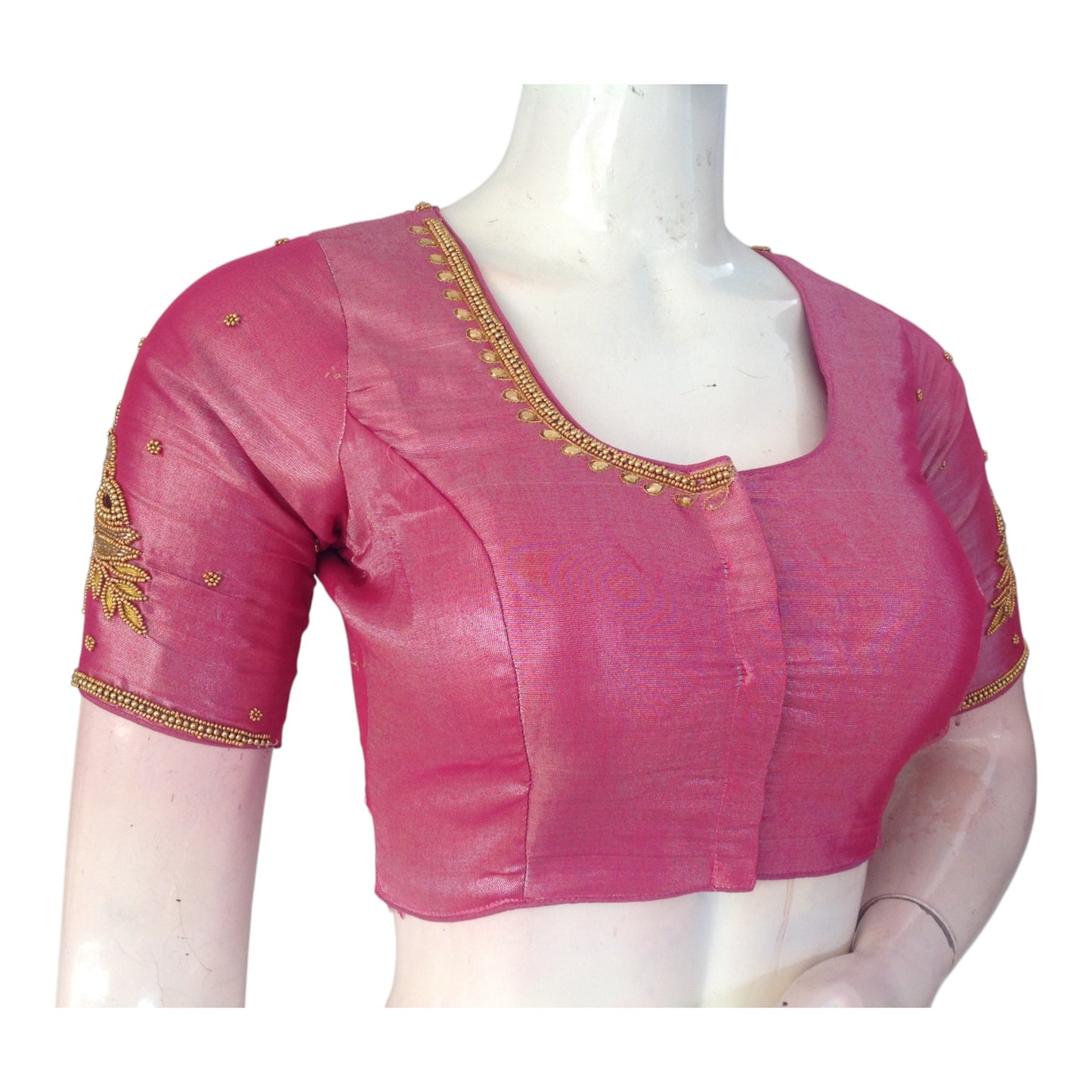 Lovely Pink Aari Handwork Tissue Silk Wedding Blouse - D3 Blouses