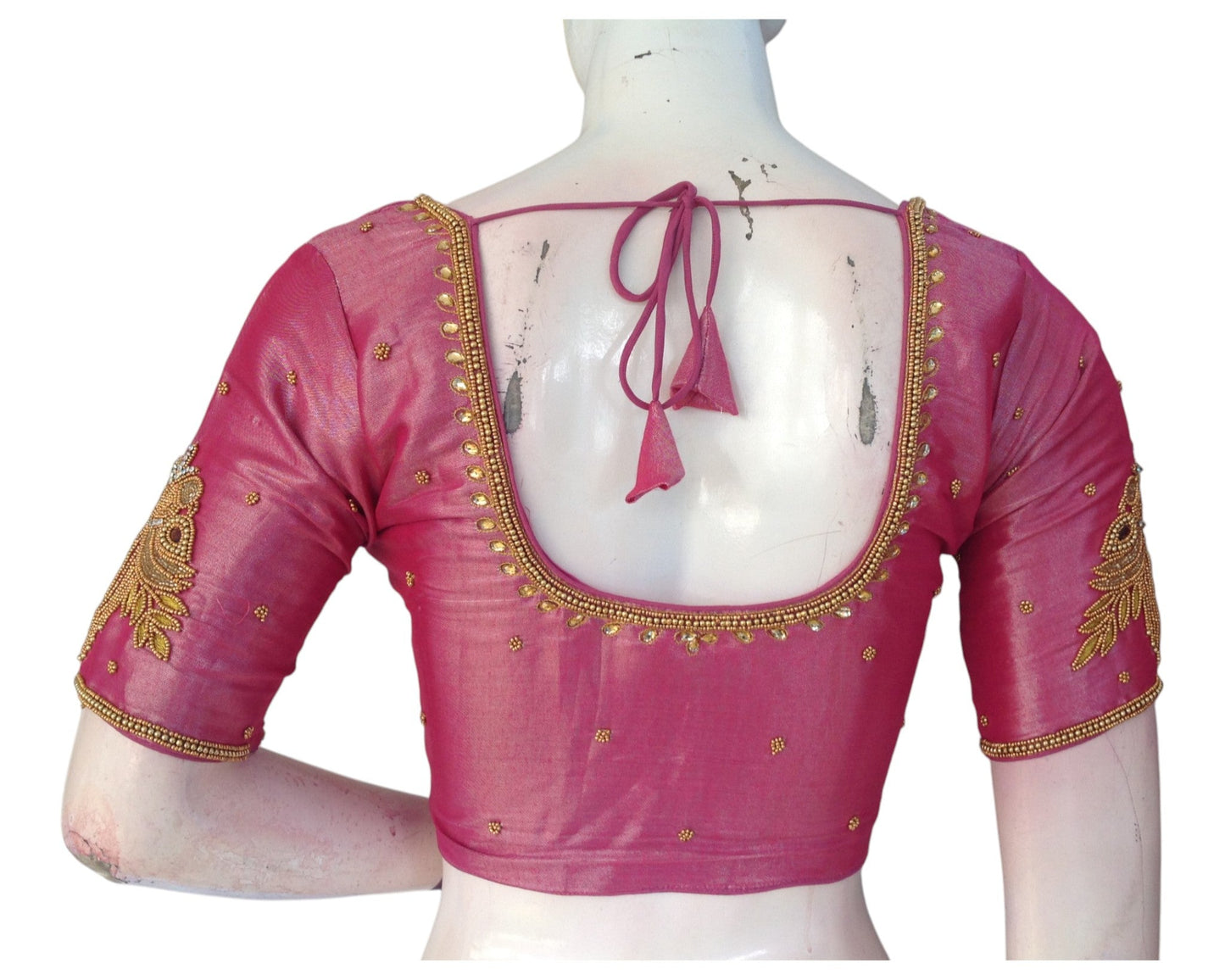 Lovely Pink Aari Handwork Tissue Silk Wedding Blouse - D3 Blouses
