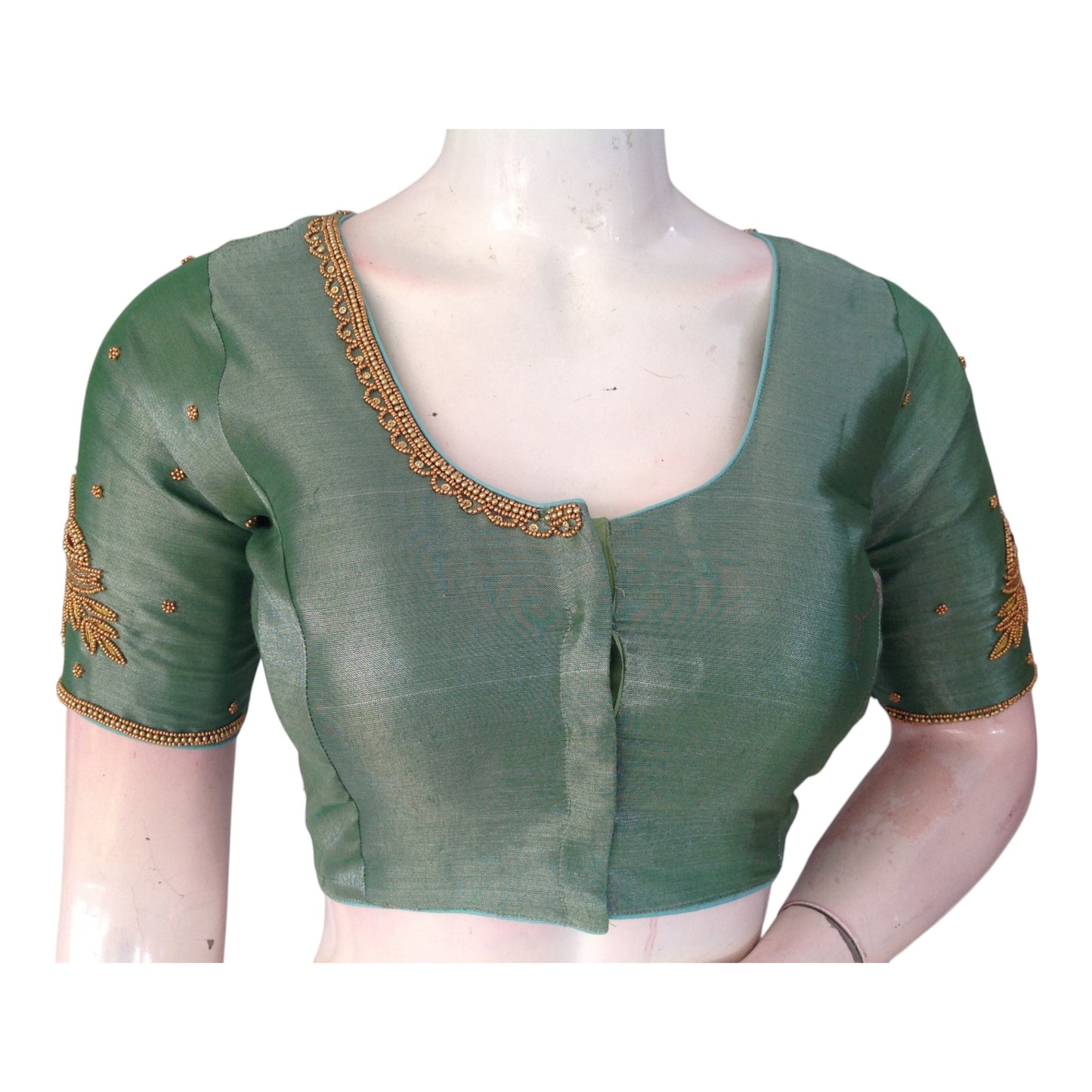 Unique Teal Tissue Silk Blouse with Intricate Aari Work - D3 Blouses
