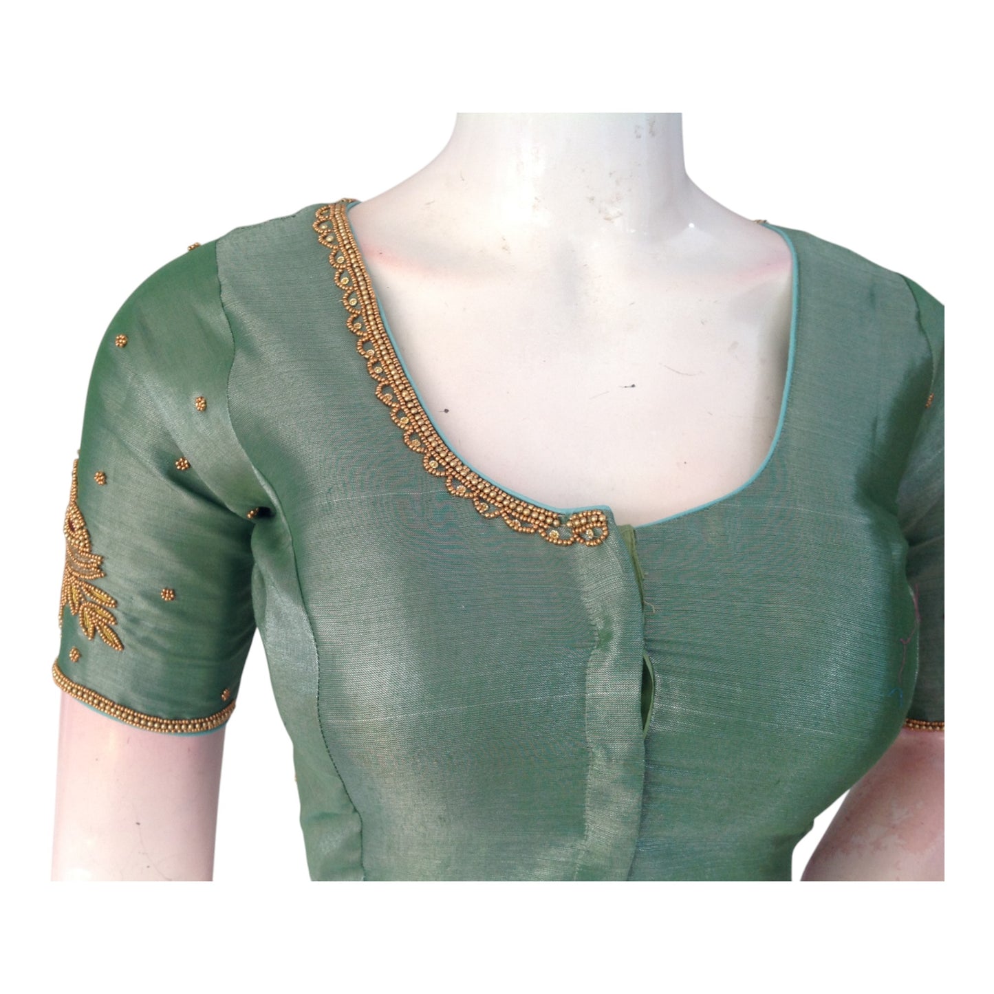 Unique Teal Tissue Silk Blouse with Intricate Aari Work - D3 Blouses