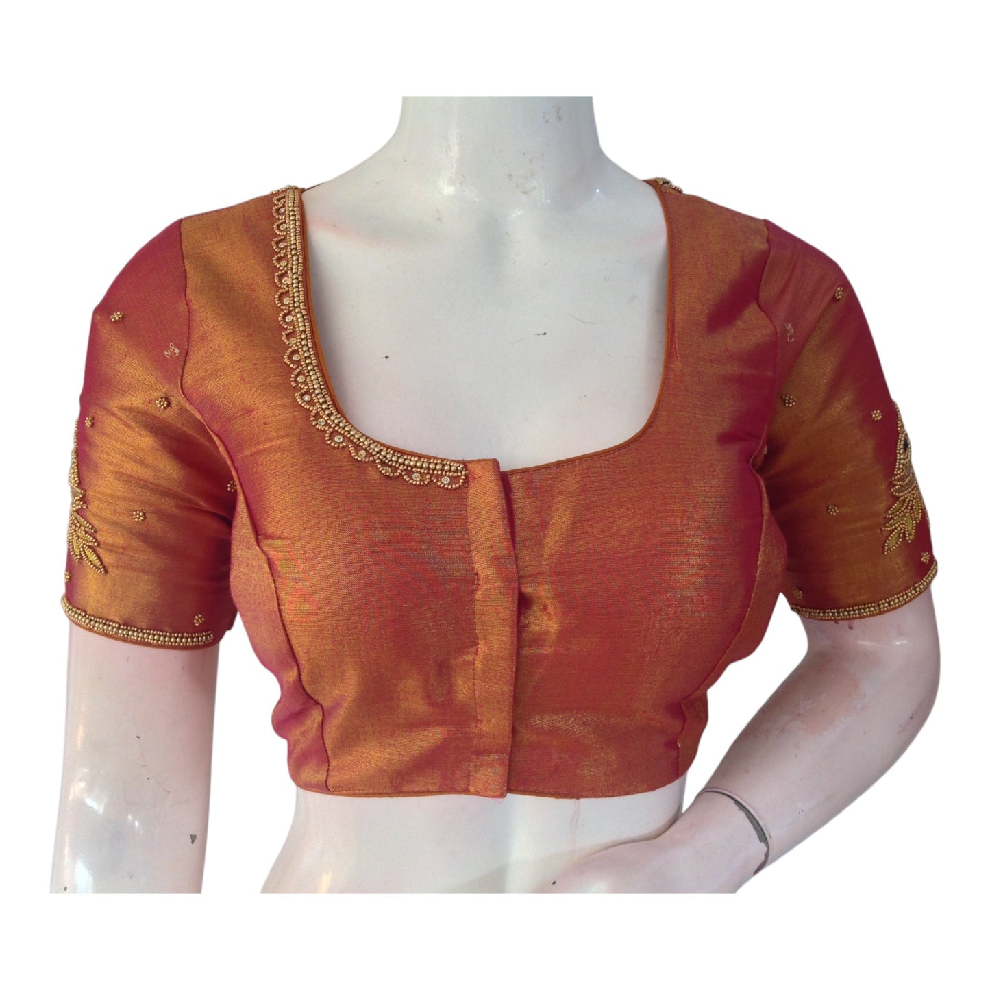 Rich Maroon Tissue Silk Blouse with Intricate Aari Work - D3 Blouses