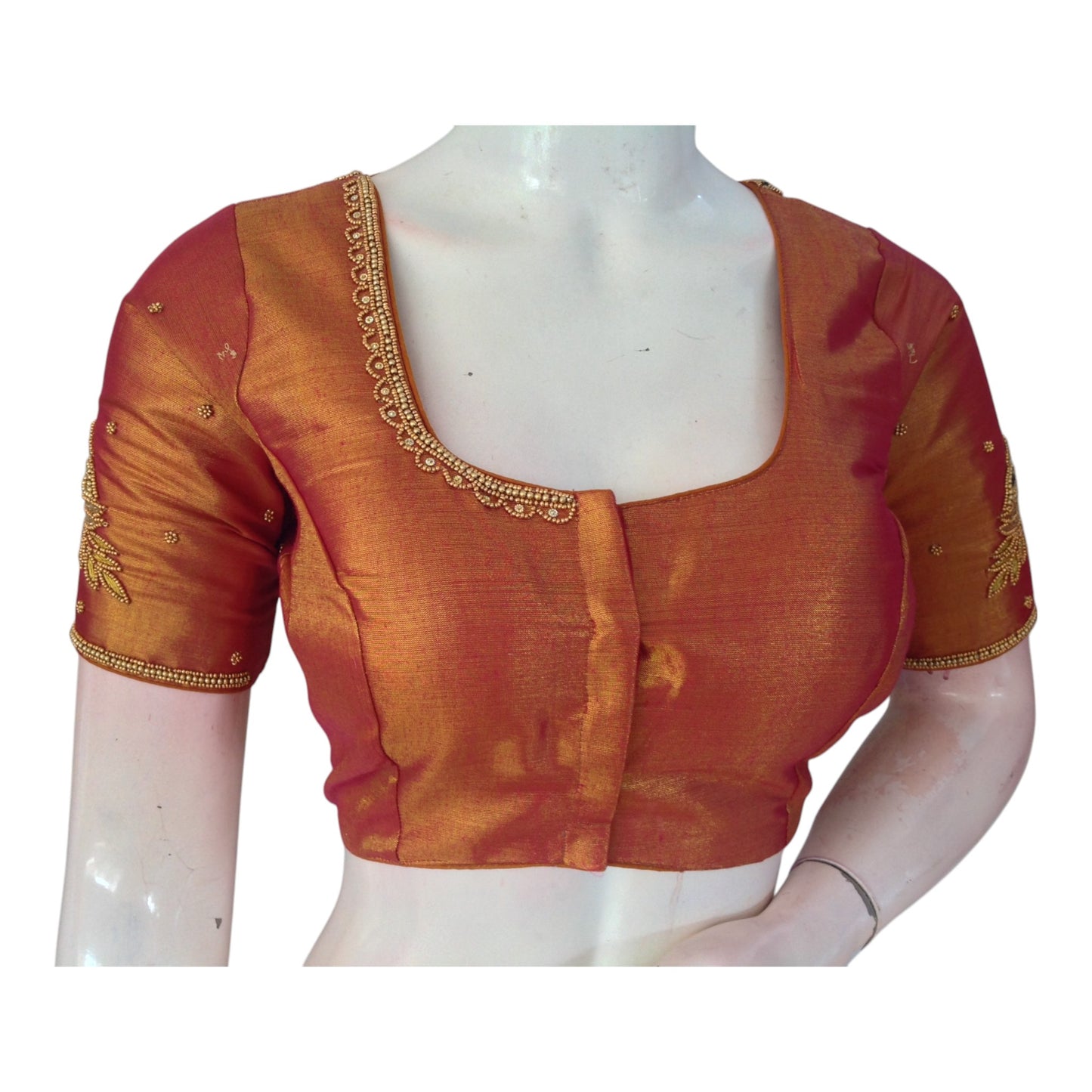 Rich Maroon Tissue Silk Blouse with Intricate Aari Work - D3 Blouses