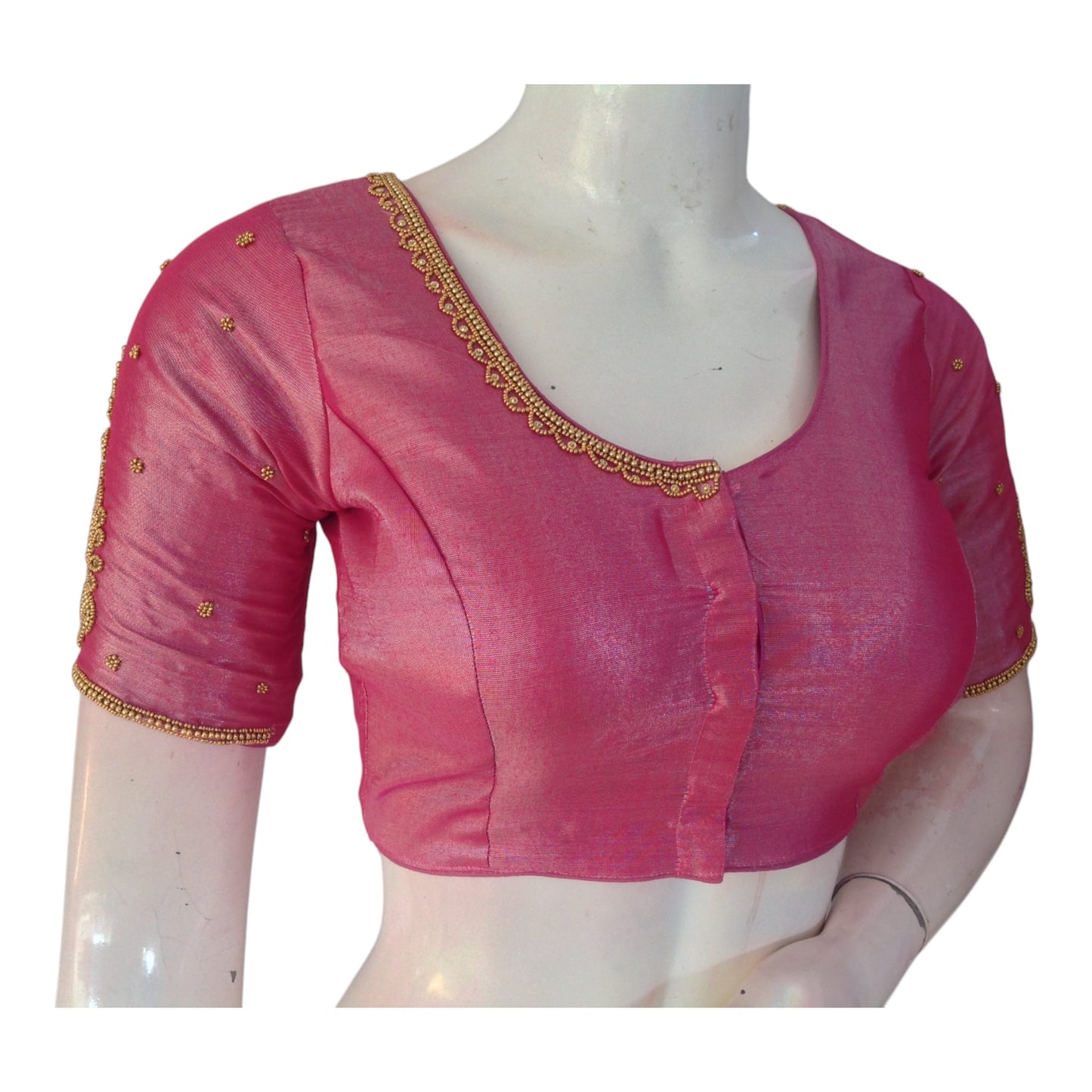 Luxurious Pink Tissue Silk Blouse with Delicate Aari Embroidery - D3 Blouses