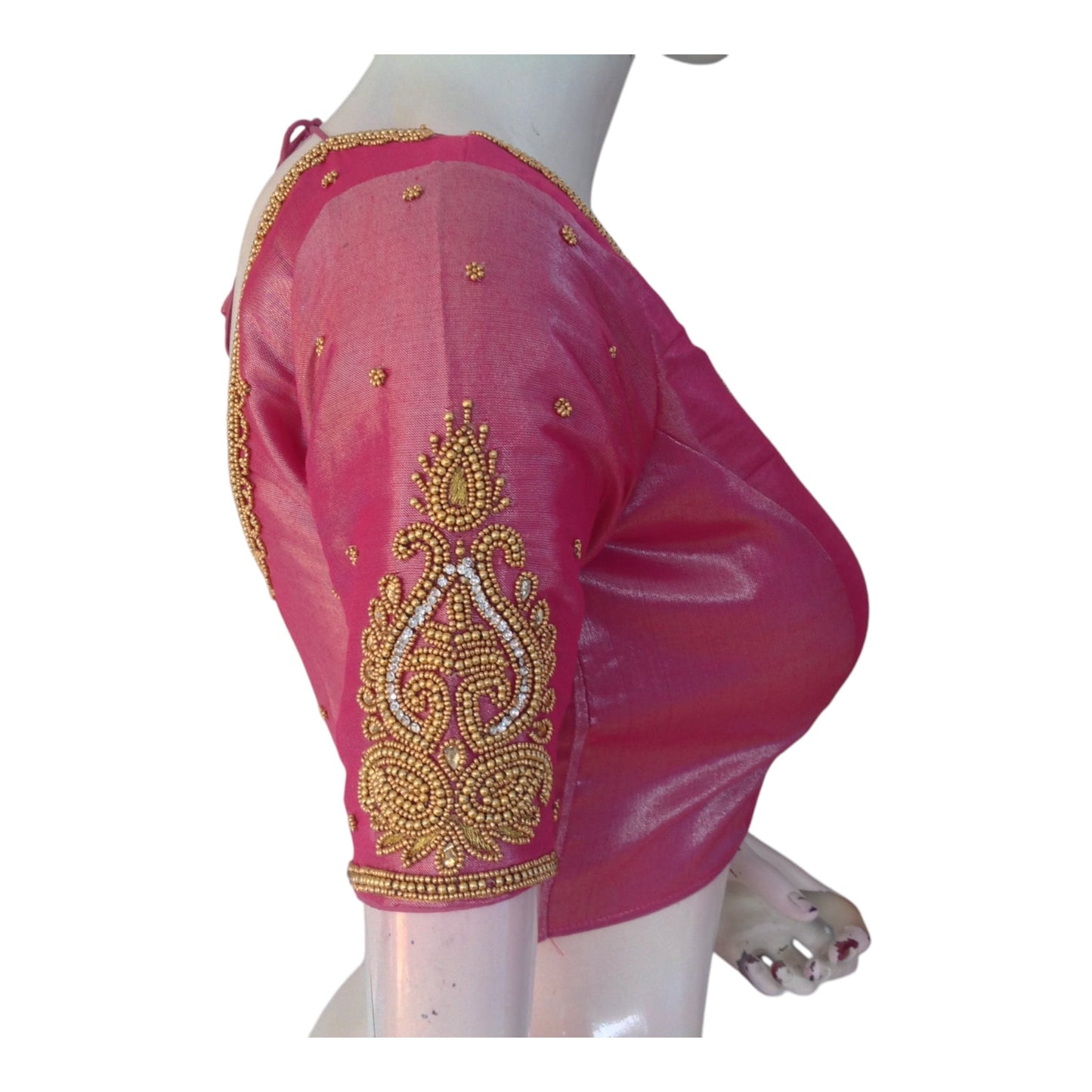 Luxurious Pink Tissue Silk Blouse with Delicate Aari Embroidery - D3 Blouses