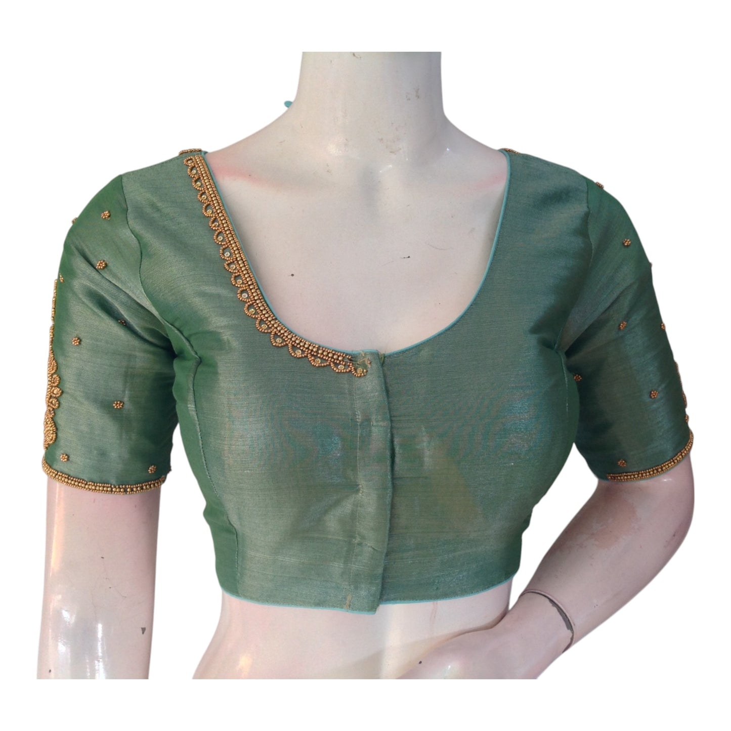 Teal Tissue Silk Aari Work Wedding Blouse - Sophisticated Style from D3 Blouses