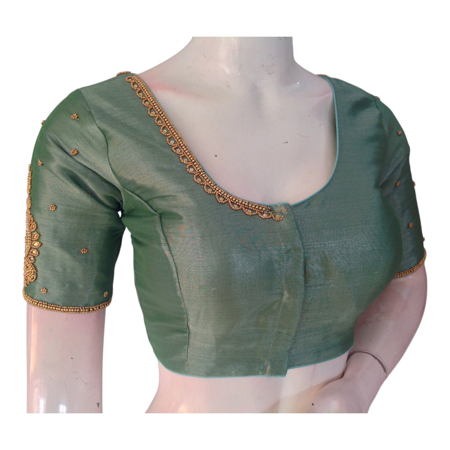 Teal Tissue Silk Aari Work Wedding Blouse - Sophisticated Style from D3 Blouses