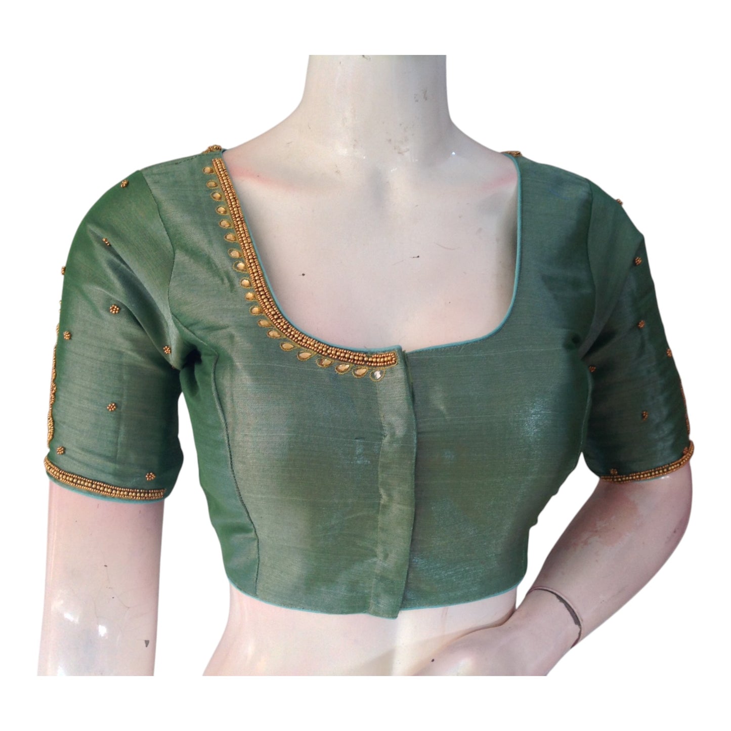 Teal Color Tissue Silk Aari Handwork Wedding Blouse - D3 Blouses
