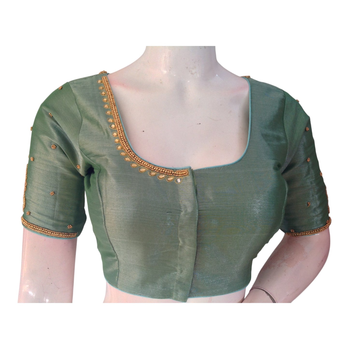 Luxurious Teal Tissue Silk Blouse with Exquisite Aari Embroidery - D3 Blouses