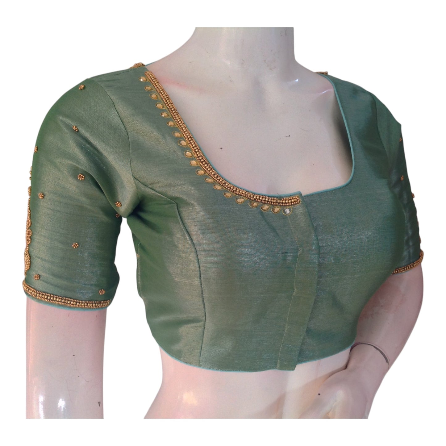 Teal Color Tissue Silk Aari Handwork Wedding Blouse - D3 Blouses