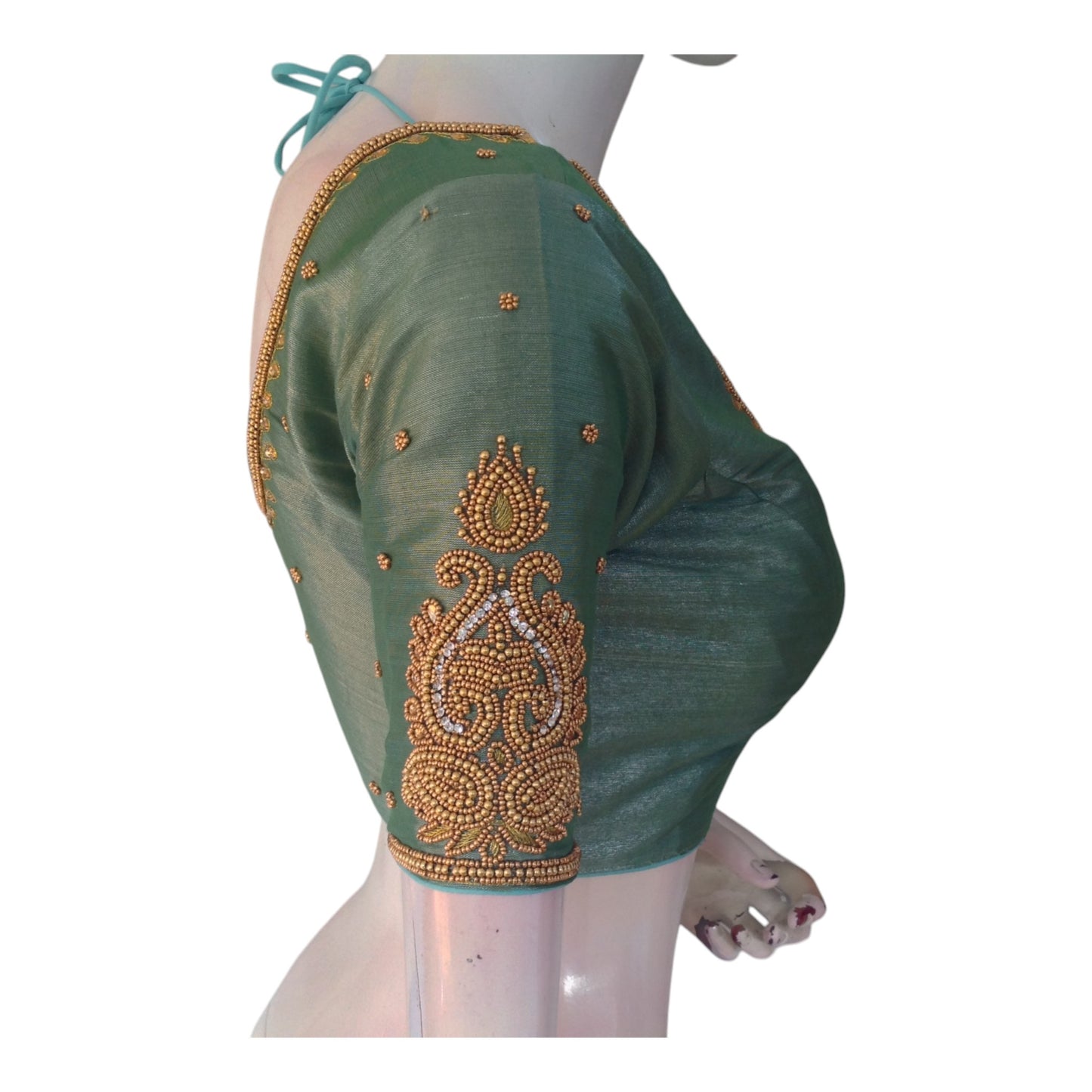 Teal Color Tissue Silk Aari Handwork Wedding Blouse - D3 Blouses