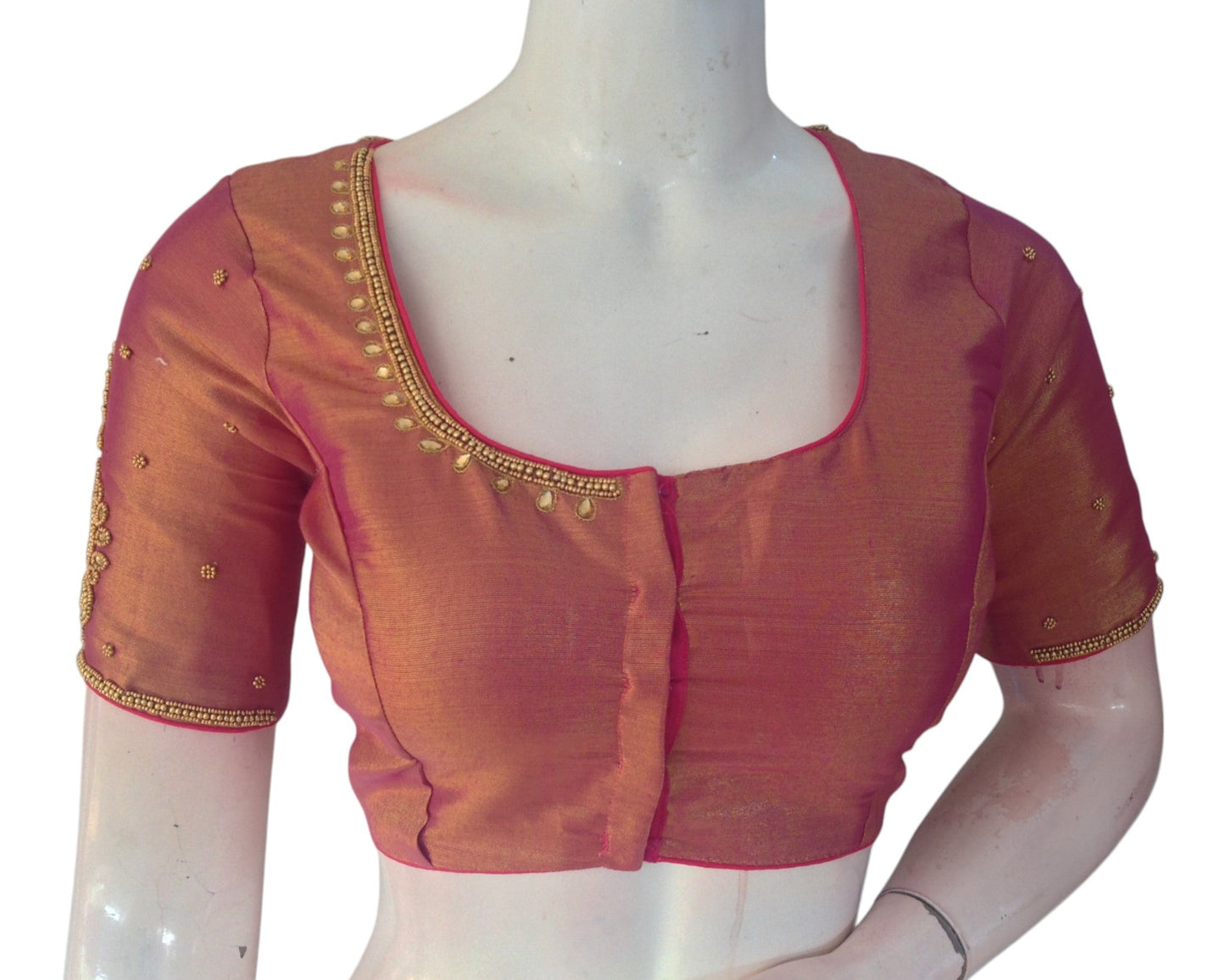 New Arrival! Elegant Pink Tissue Silk Aari Work Wedding Blouse - D3 Blouses