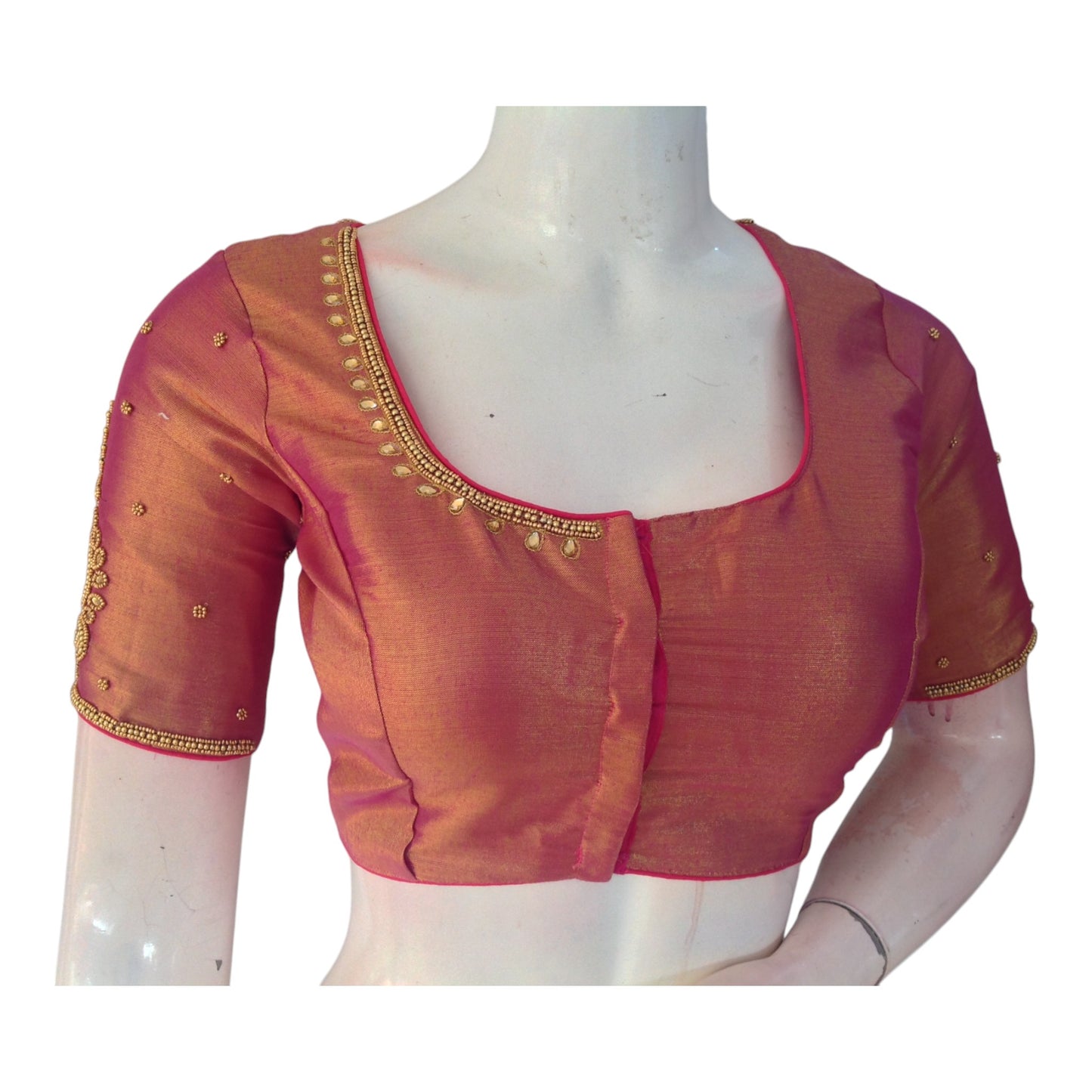 New Arrival! Elegant Pink Tissue Silk Aari Work Wedding Blouse - D3 Blouses