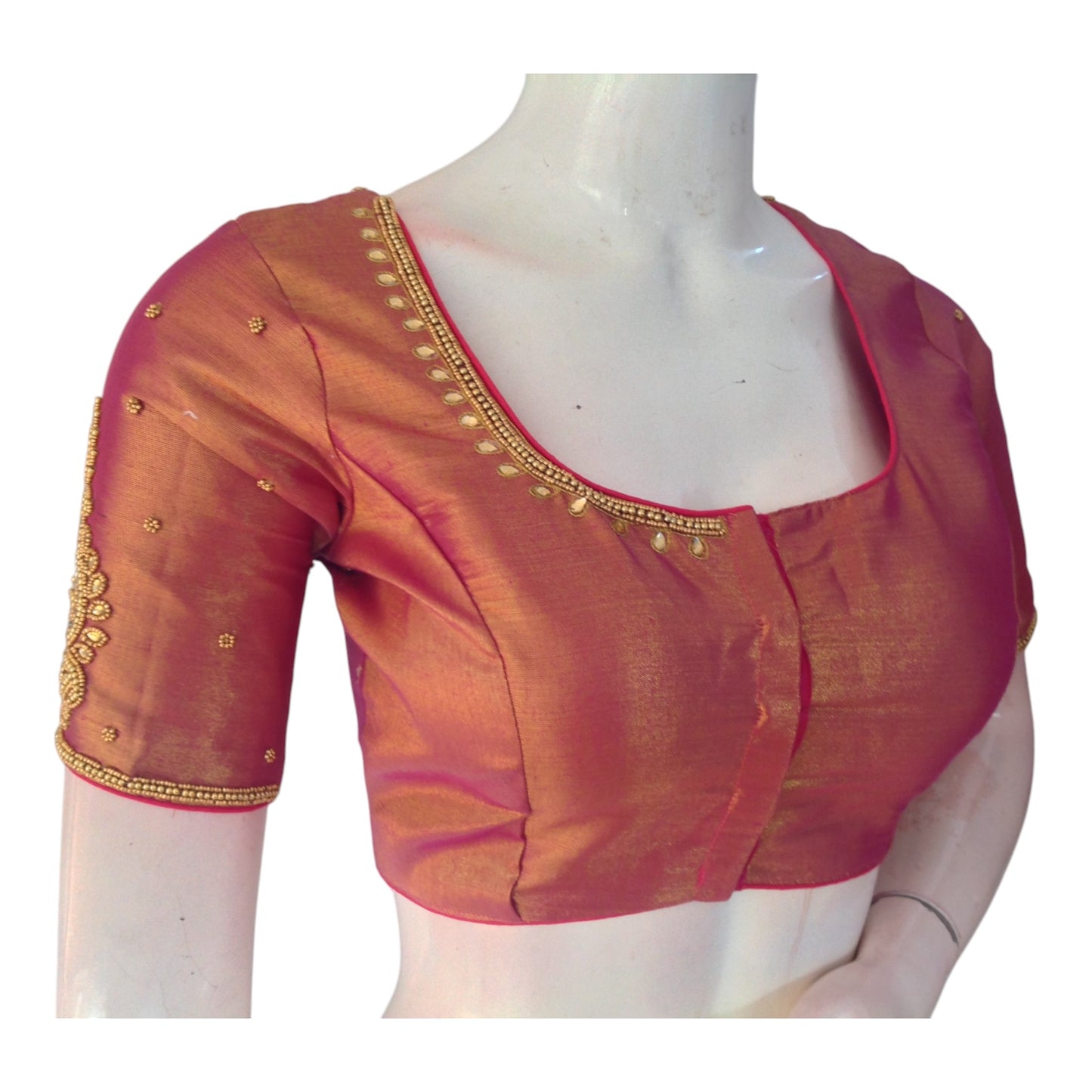 New Arrival! Elegant Pink Tissue Silk Aari Work Wedding Blouse - D3 Blouses