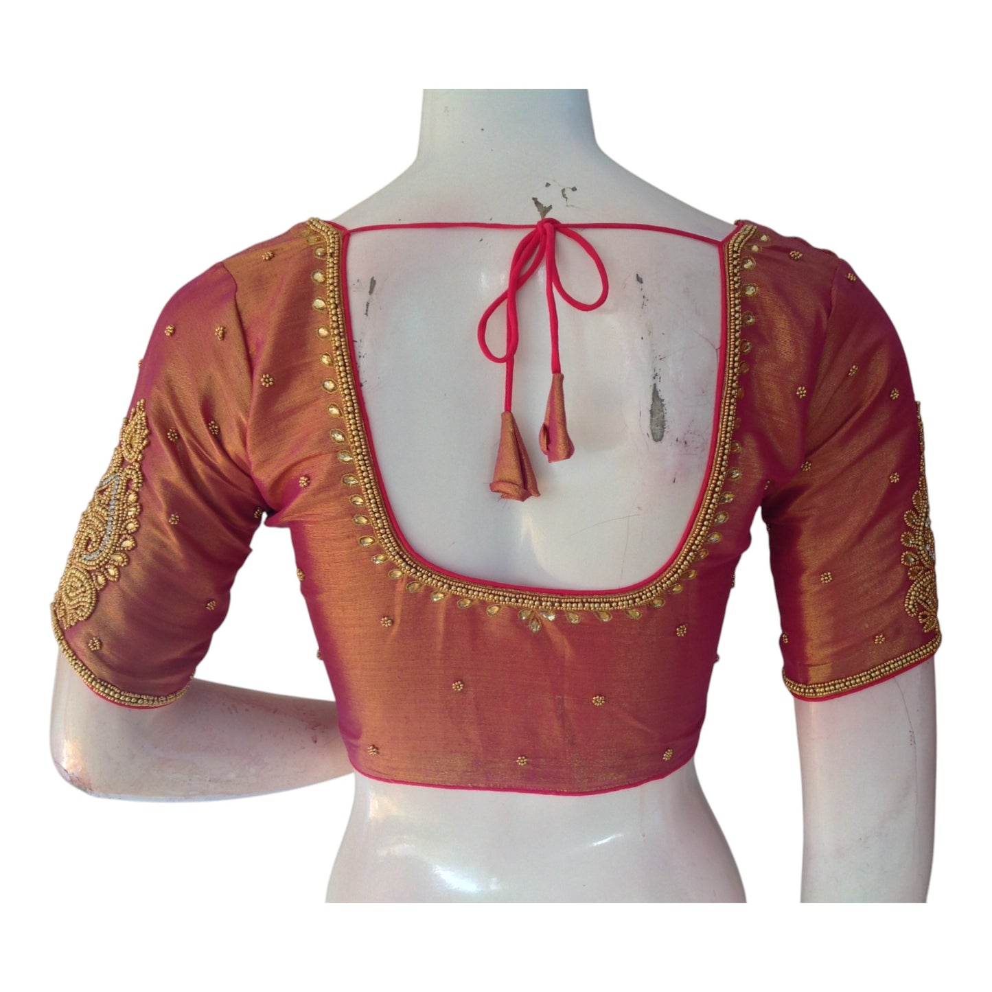 New Arrival! Elegant Pink Tissue Silk Aari Work Wedding Blouse - D3 Blouses