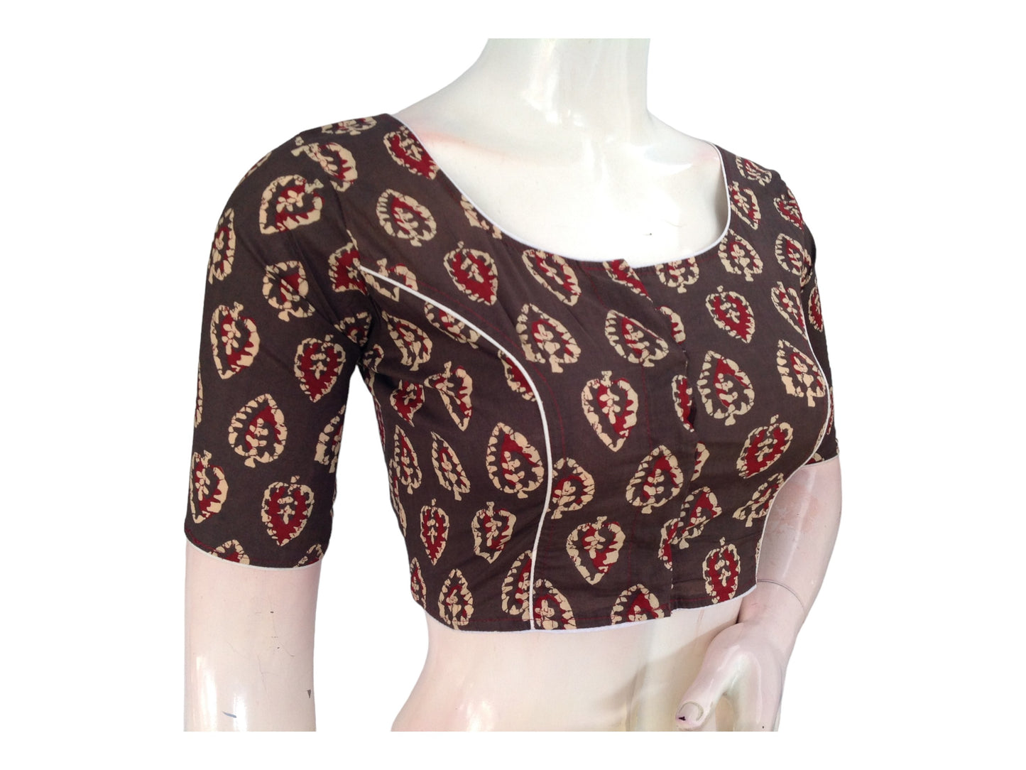 Chic & Comfortable: Brown Cotton Blouse with Elevated Neckline