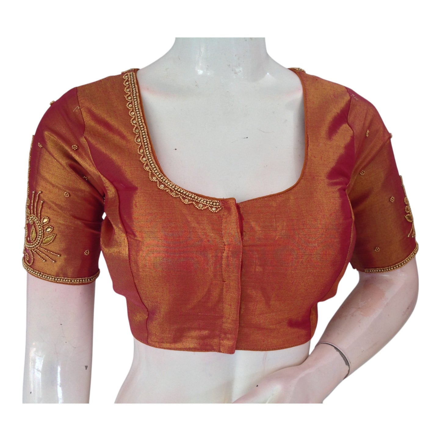 Dark Terracotta Color Aari Handwork Wedding Silk Blouse - D3 Blouses