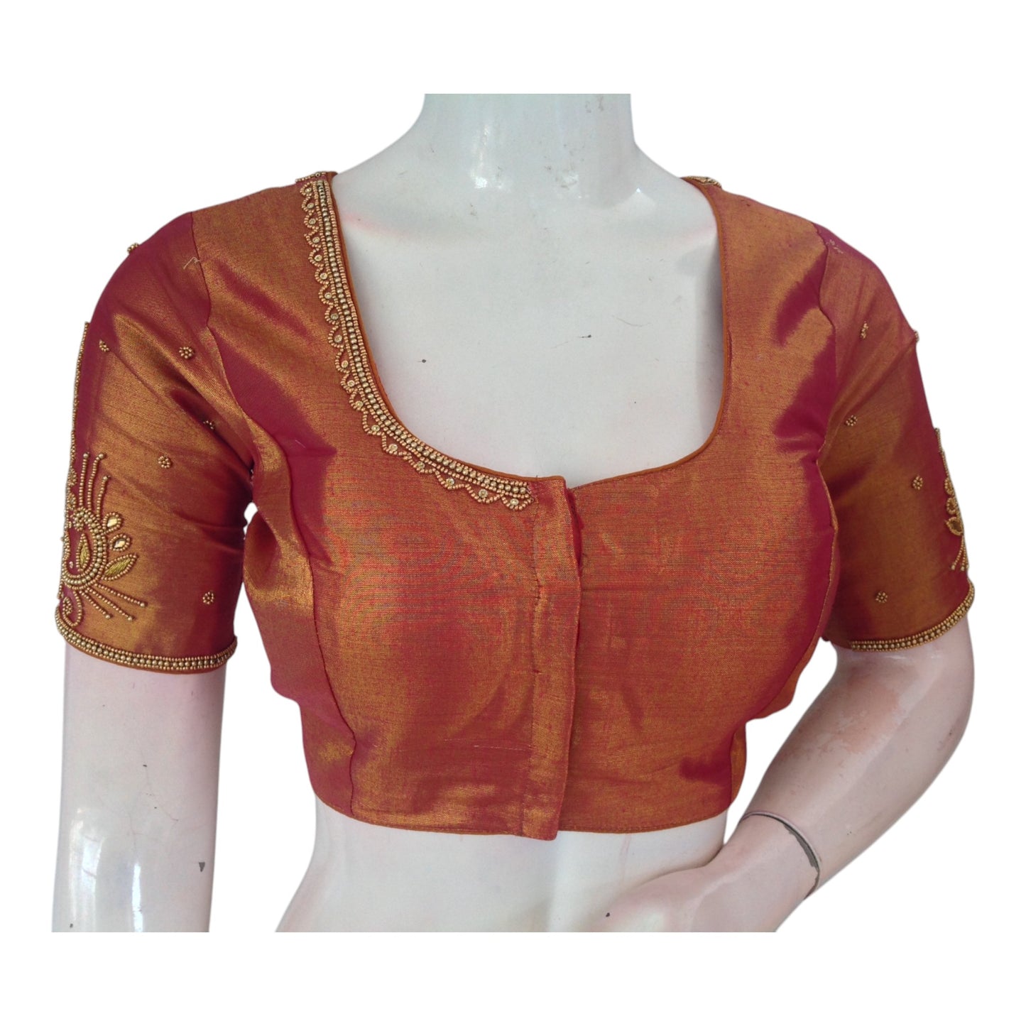 Dark Terracotta Color Aari Handwork Wedding Silk Blouse - D3 Blouses