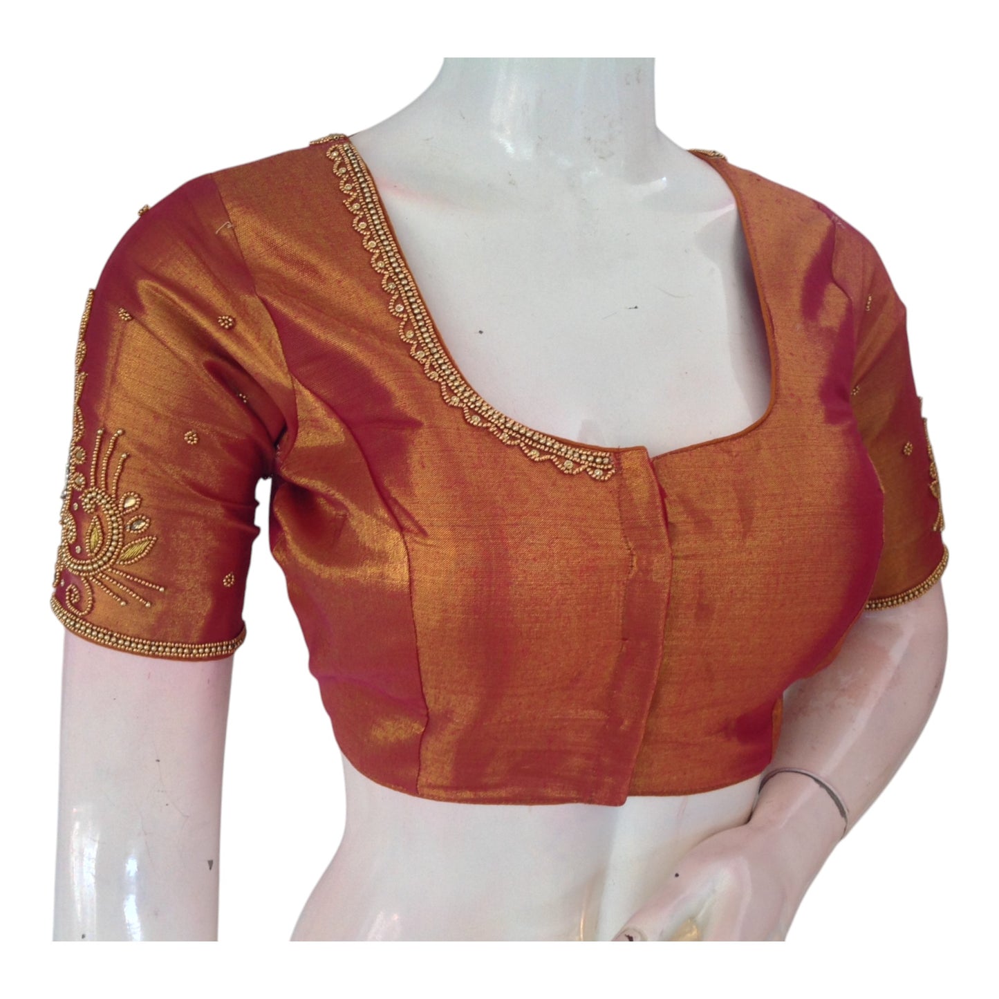Dark Terracotta Color Aari Handwork Wedding Silk Blouse - D3 Blouses