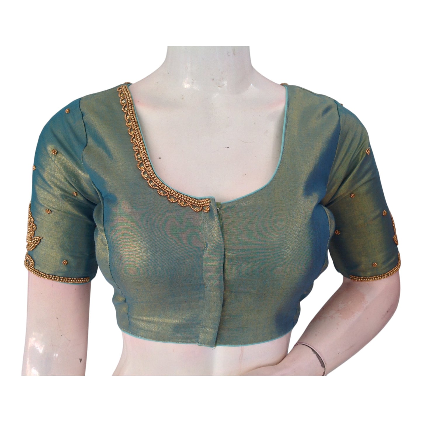 Handcrafted Teal Color Aari Handwork Wedding Silk Blouse - D3 Blouses