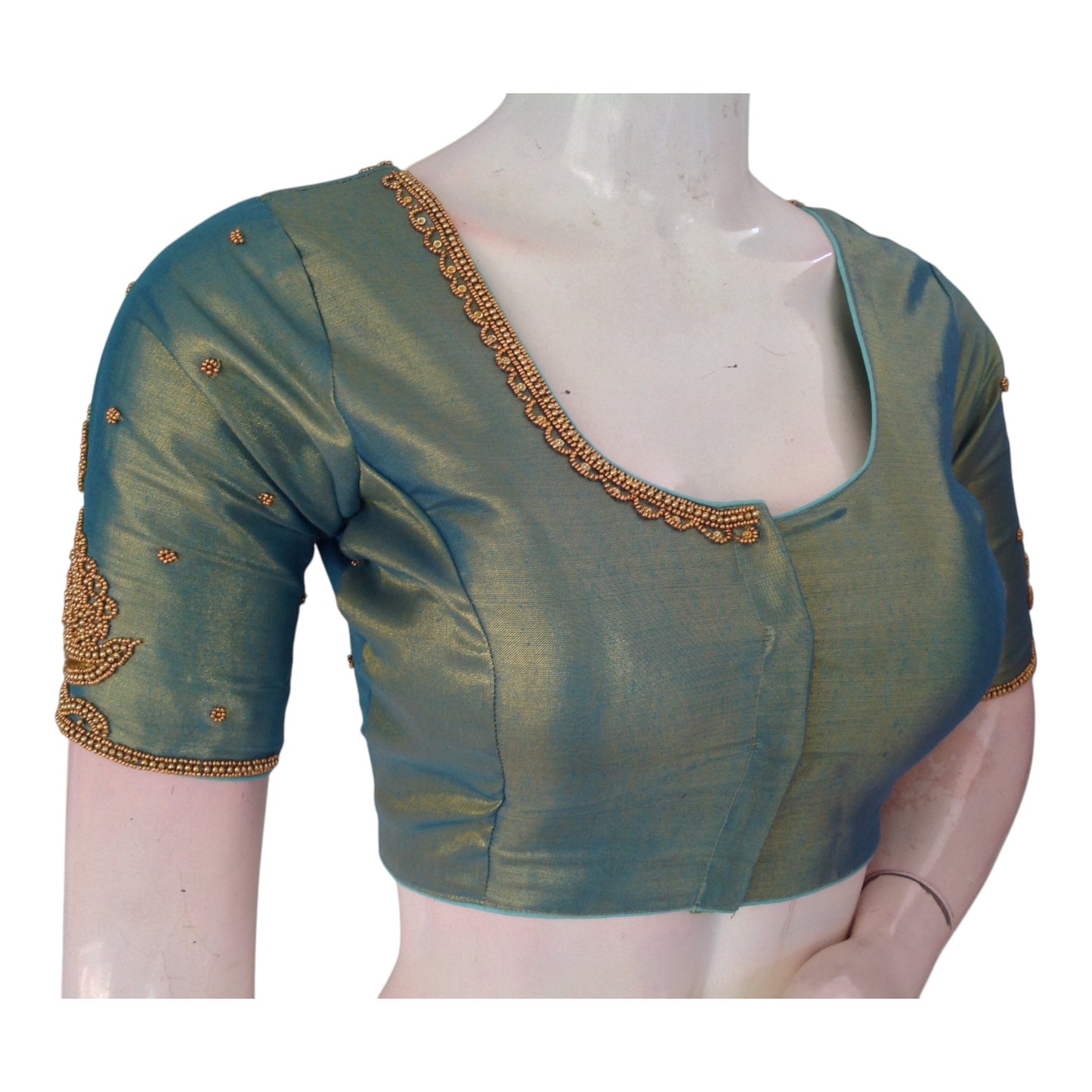Handcrafted Teal Color Aari Handwork Wedding Silk Blouse - D3 Blouses