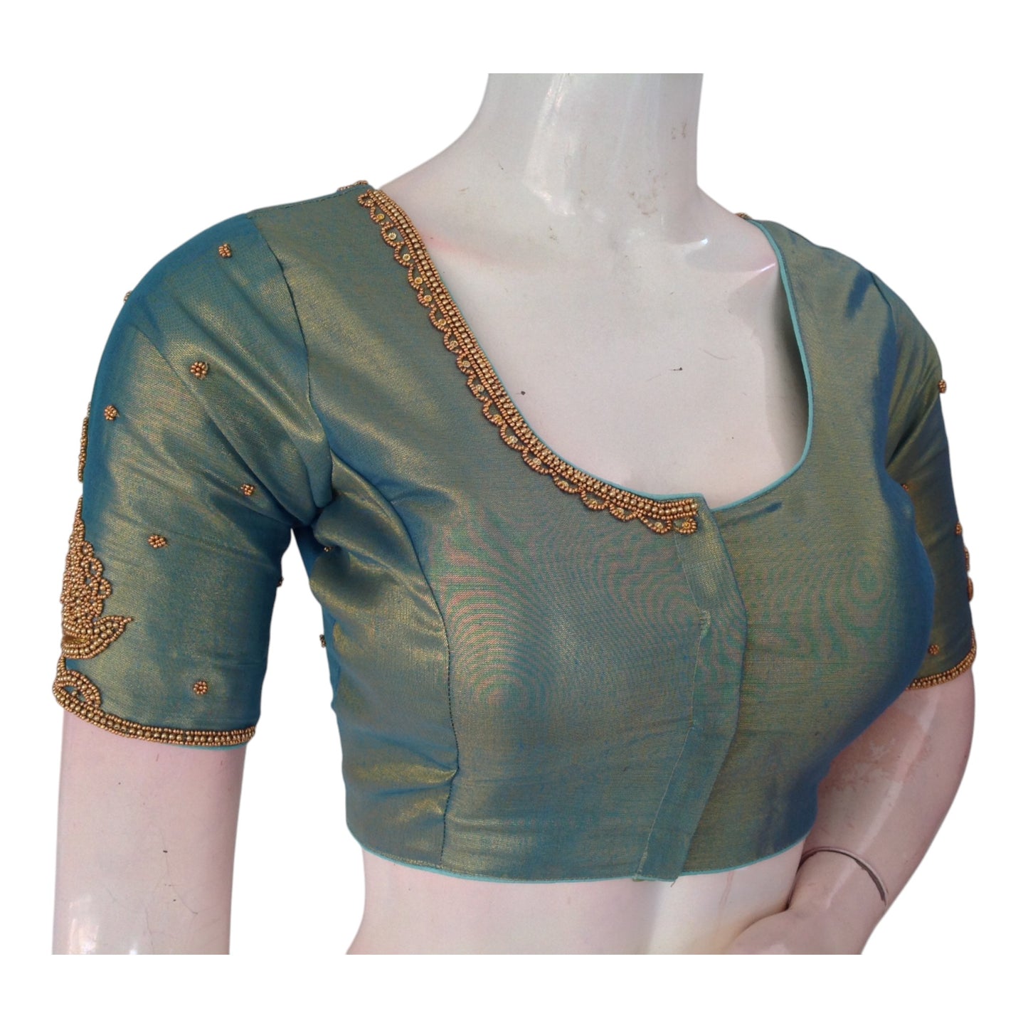 Handcrafted Teal Color Aari Handwork Wedding Silk Blouse - D3 Blouses