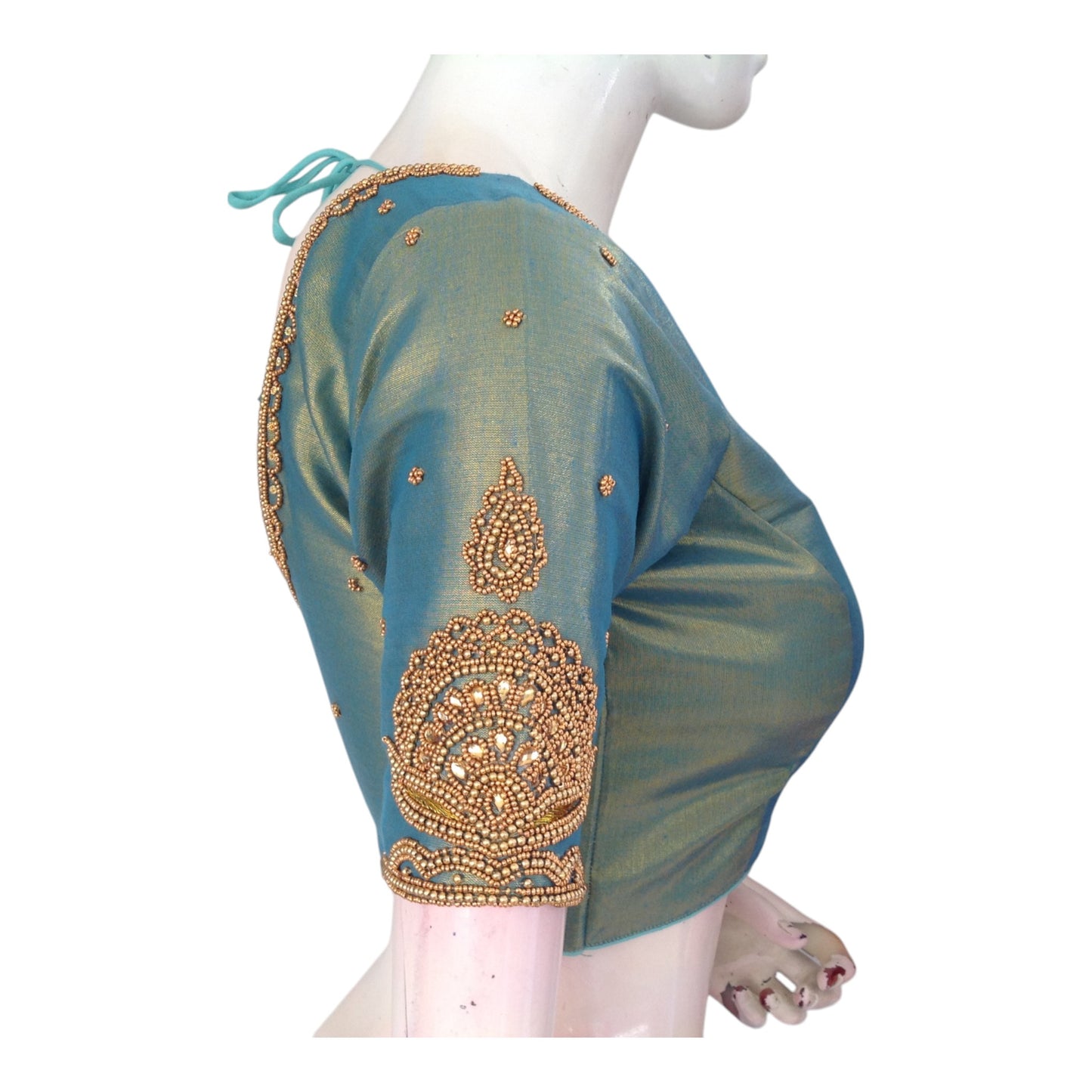 Handcrafted Teal Color Aari Handwork Wedding Silk Blouse - D3 Blouses