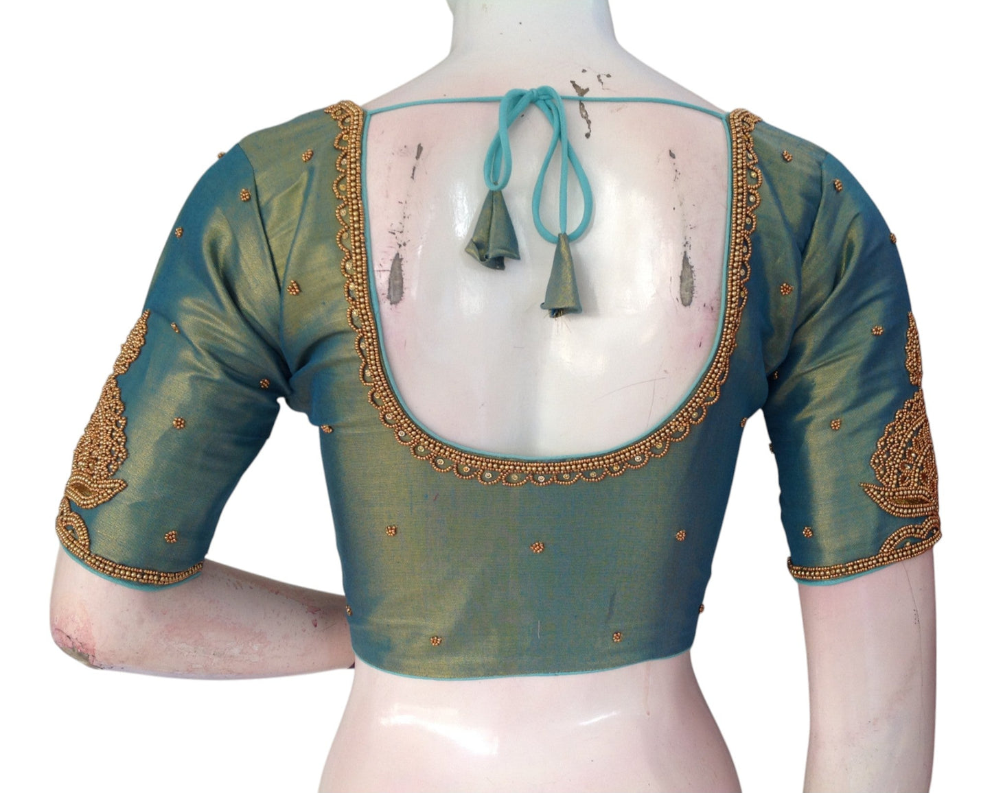 Handcrafted Teal Color Aari Handwork Wedding Silk Blouse - D3 Blouses