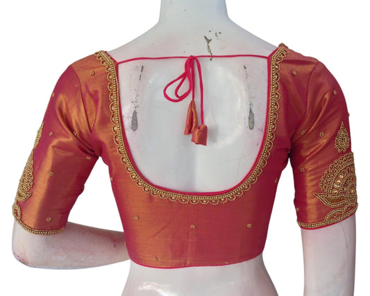 Exquisite Pink Color Aari Handwork Bridal Silk Saree Blouse