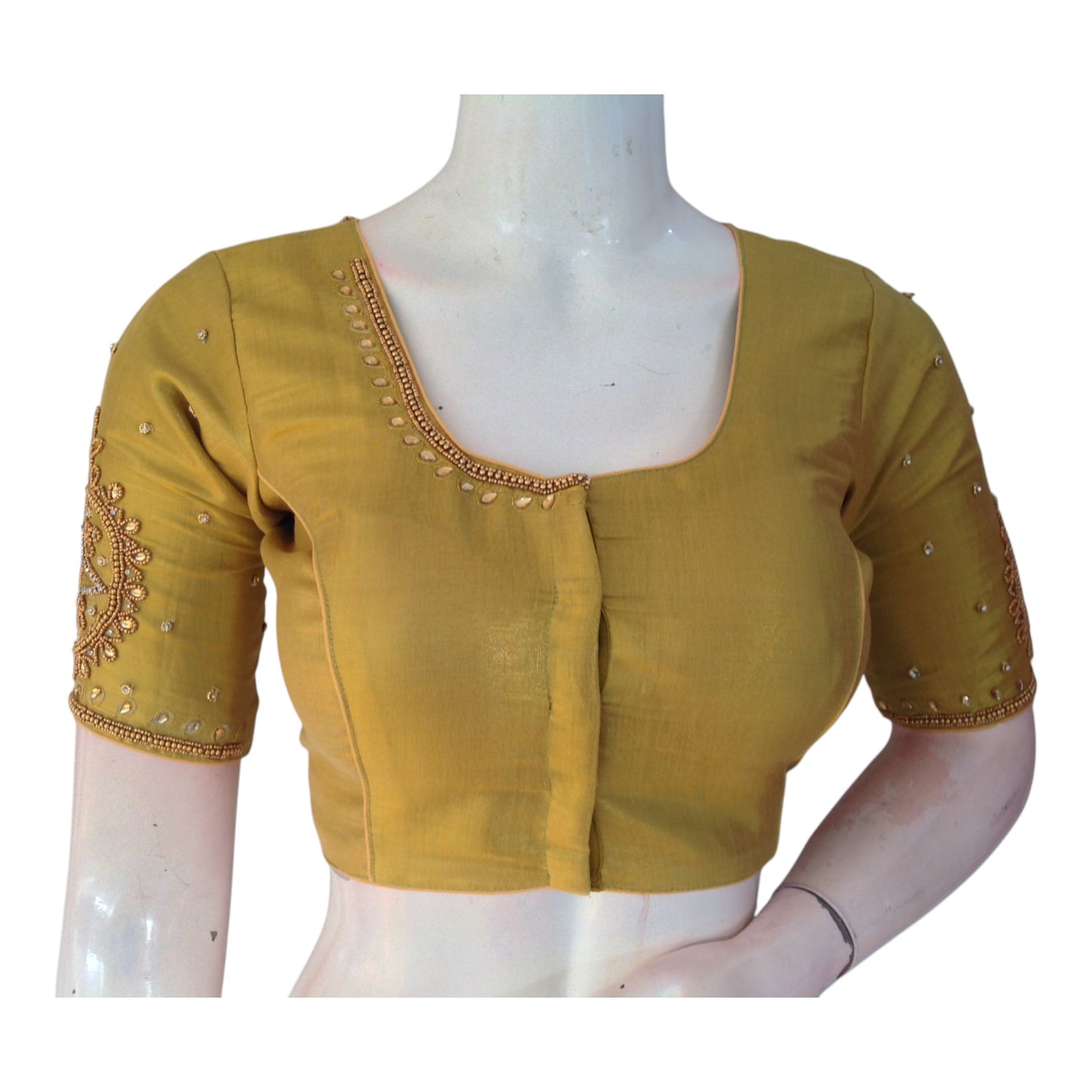 Gentle Pastel Olive Silk Wedding Blouse with Aari Handwork- D3 Blouses