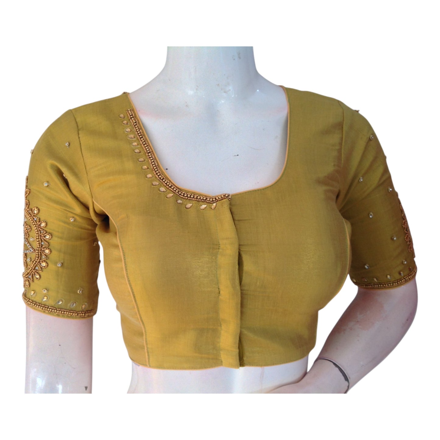 Gentle Pastel Olive Silk Wedding Blouse with Aari Handwork- D3 Blouses