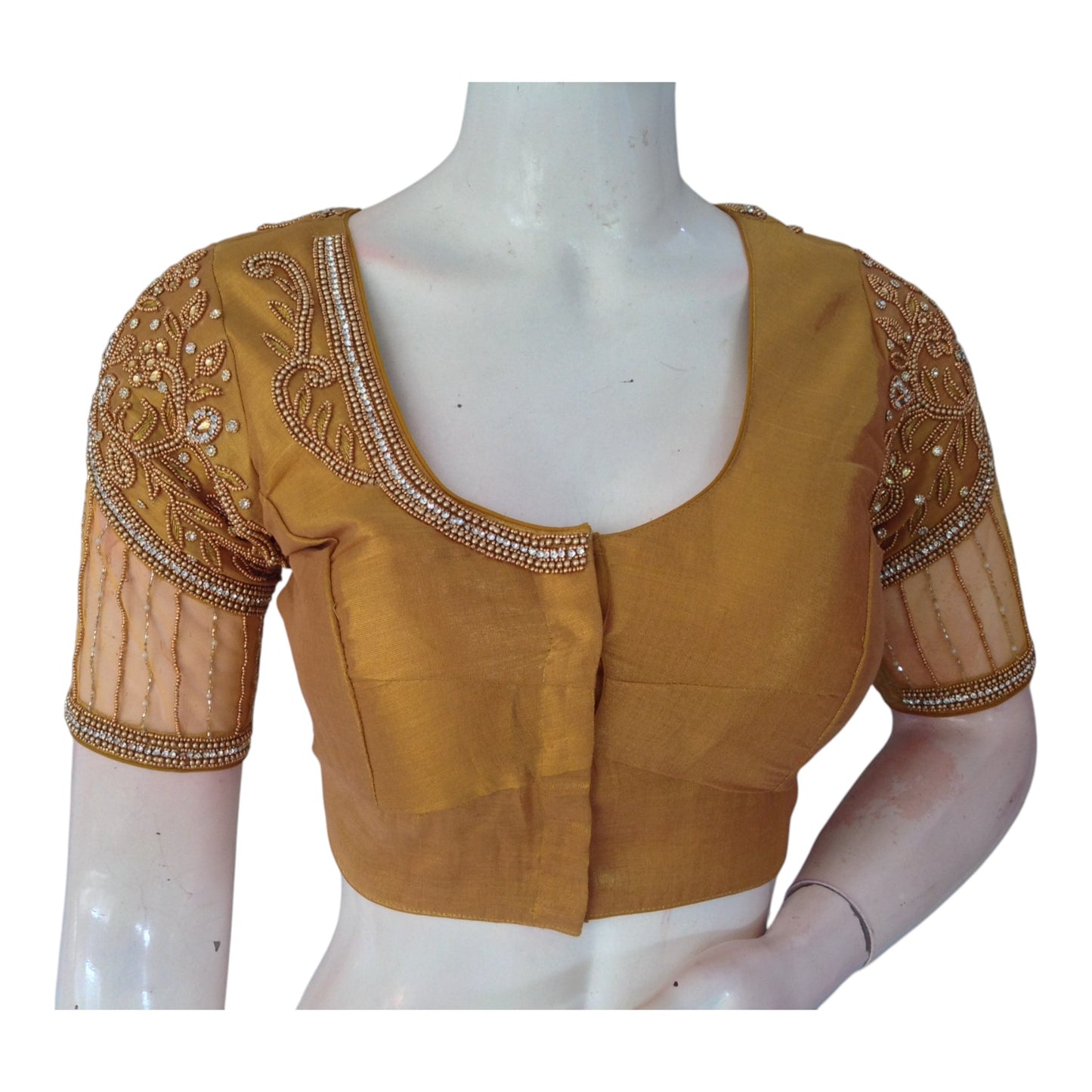 Exquisite Gold Tissue Aari Work Blouse with Intricate Netted Sleeve Work