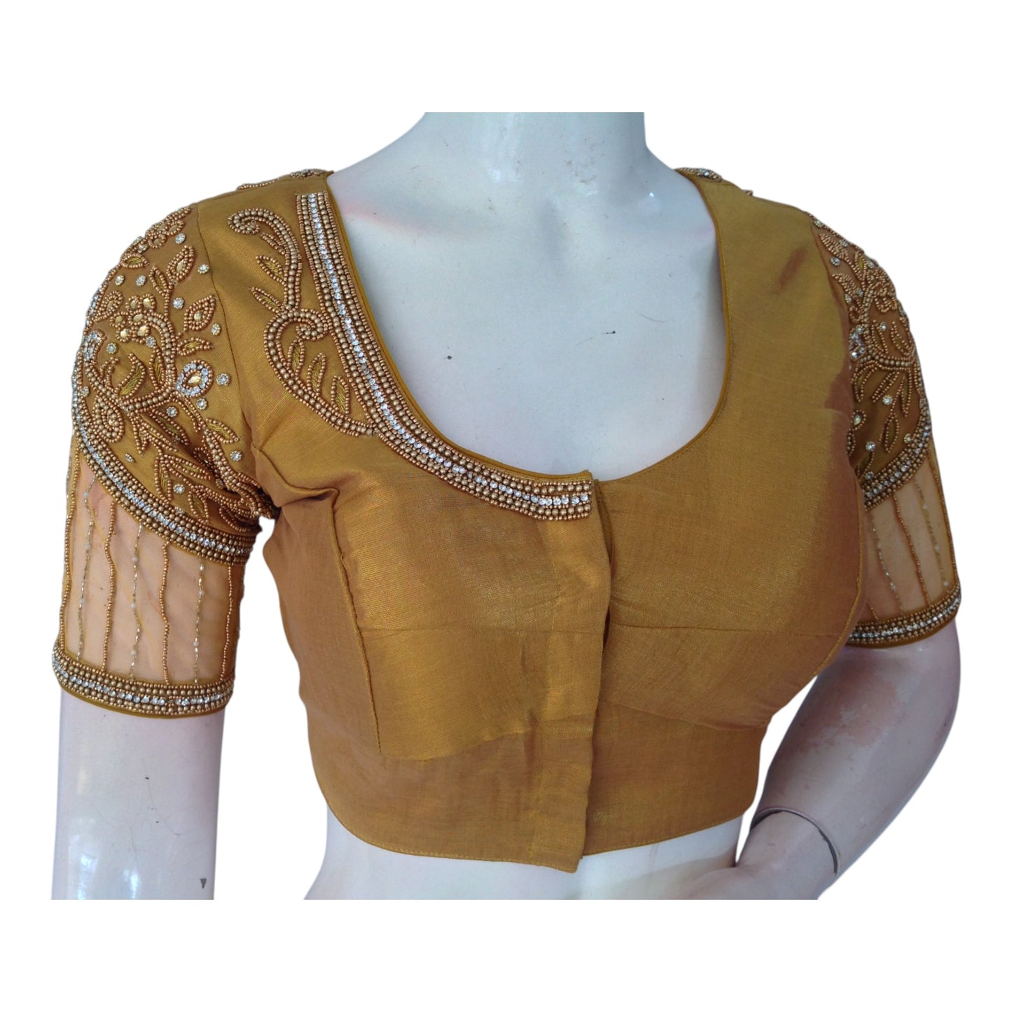 Exquisite Gold Tissue Aari Work Blouse with Intricate Netted Sleeve Work