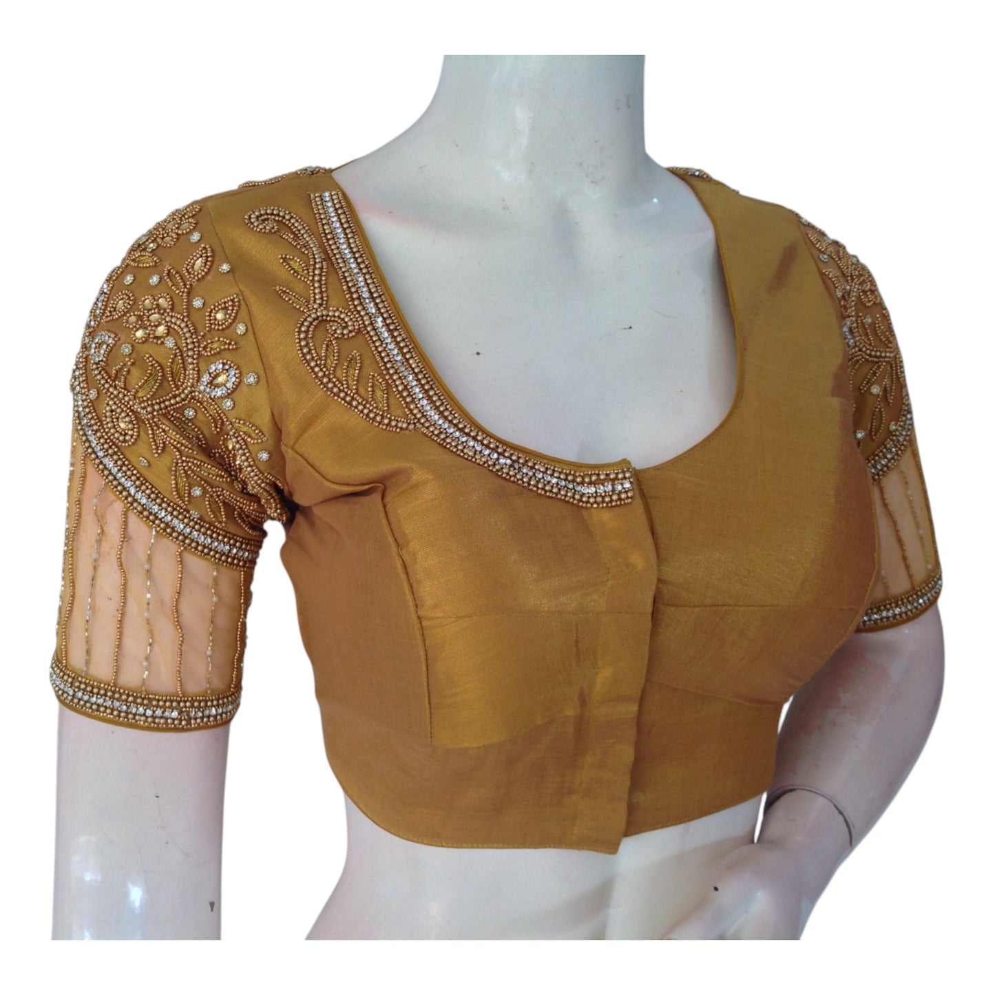 Exquisite Gold Tissue Aari Work Blouse with Intricate Netted Sleeve Work