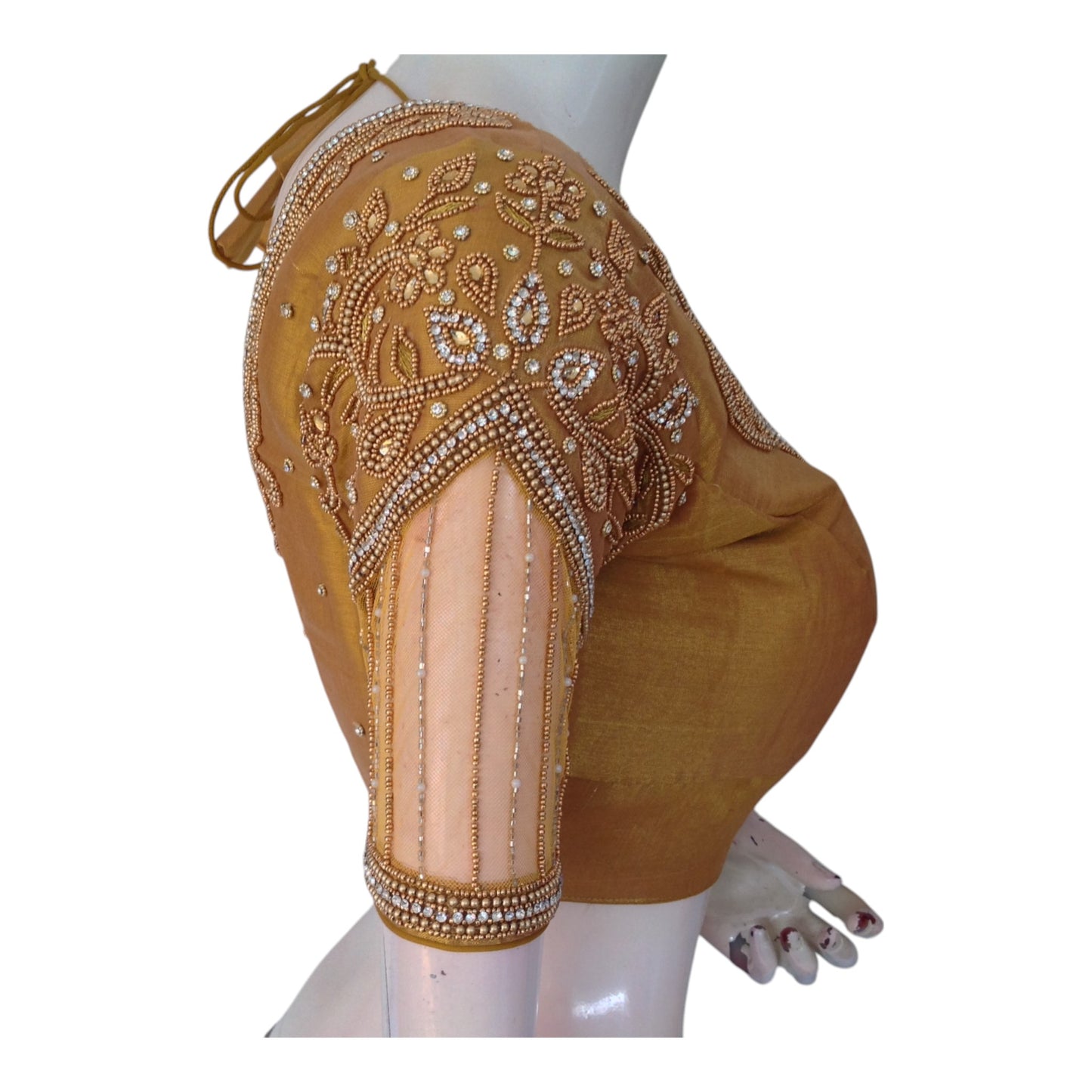 Exquisite Gold Tissue Aari Work Blouse with Intricate Netted Sleeve Work