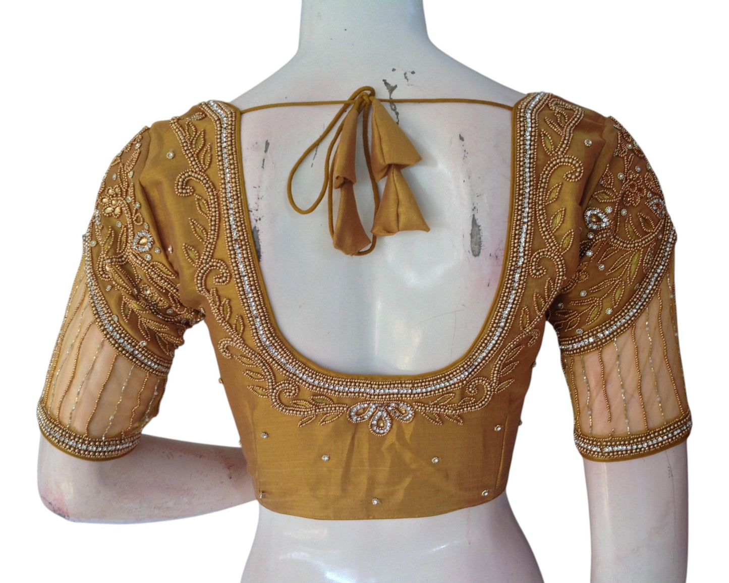 Exquisite Gold Tissue Aari Work Blouse with Intricate Netted Sleeve Work