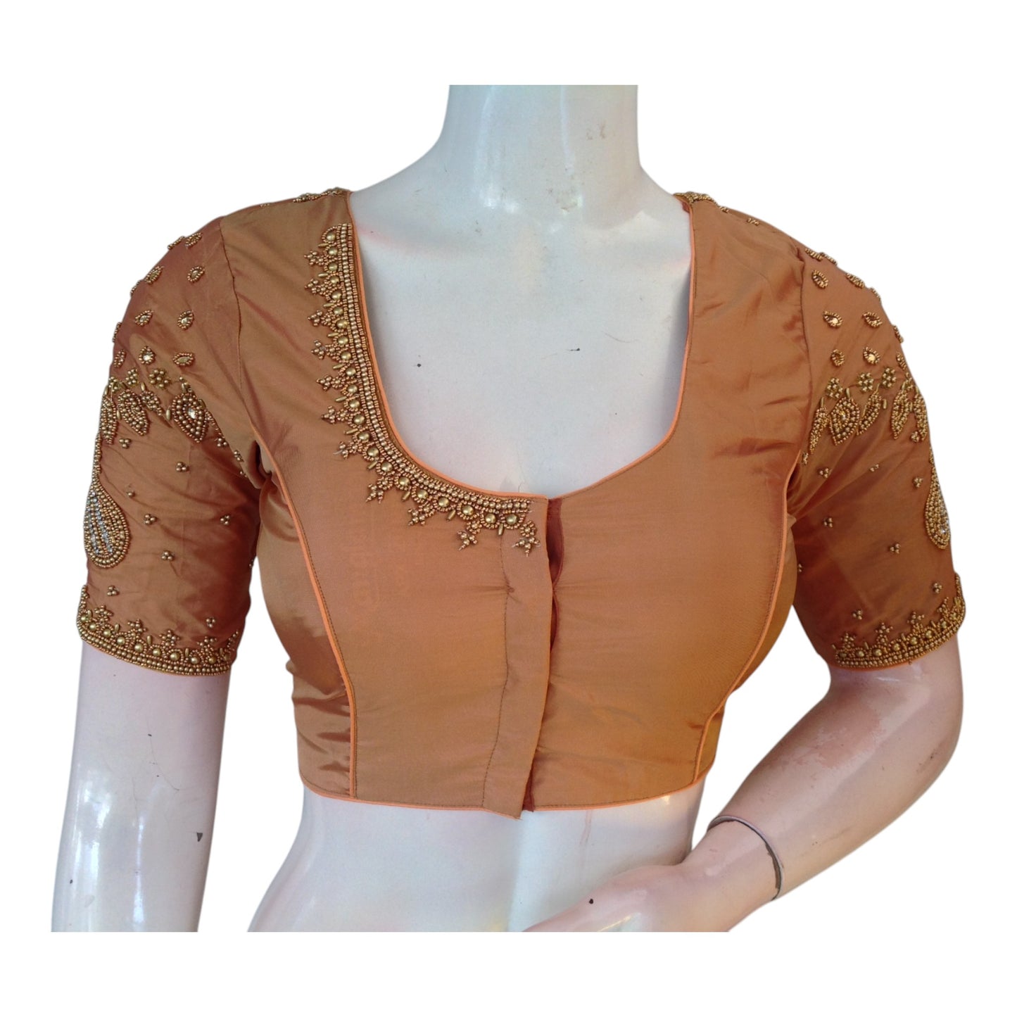 Handcrafted Peach Silk Saree Blouse with Delicate Aari Handwork