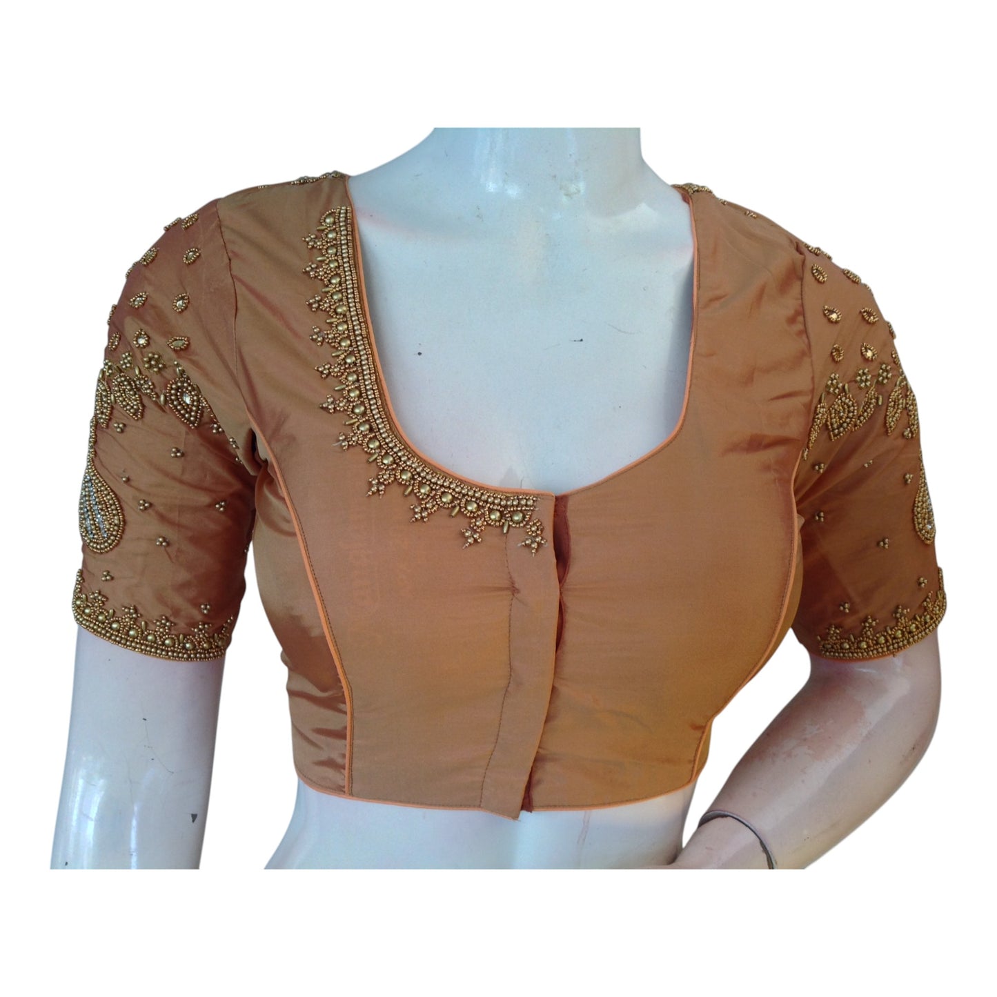 Handcrafted Peach Silk Saree Blouse with Delicate Aari Handwork
