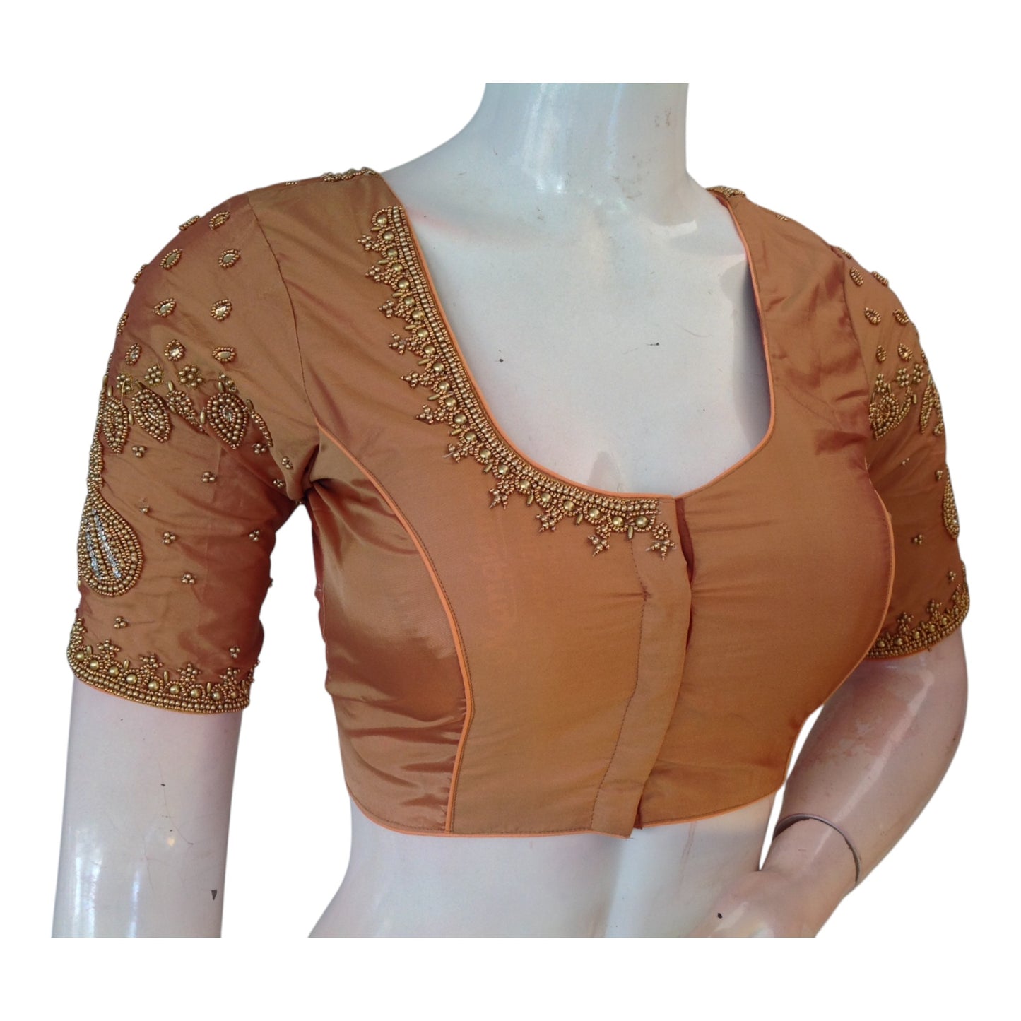 Handcrafted Peach Silk Saree Blouse with Delicate Aari Handwork