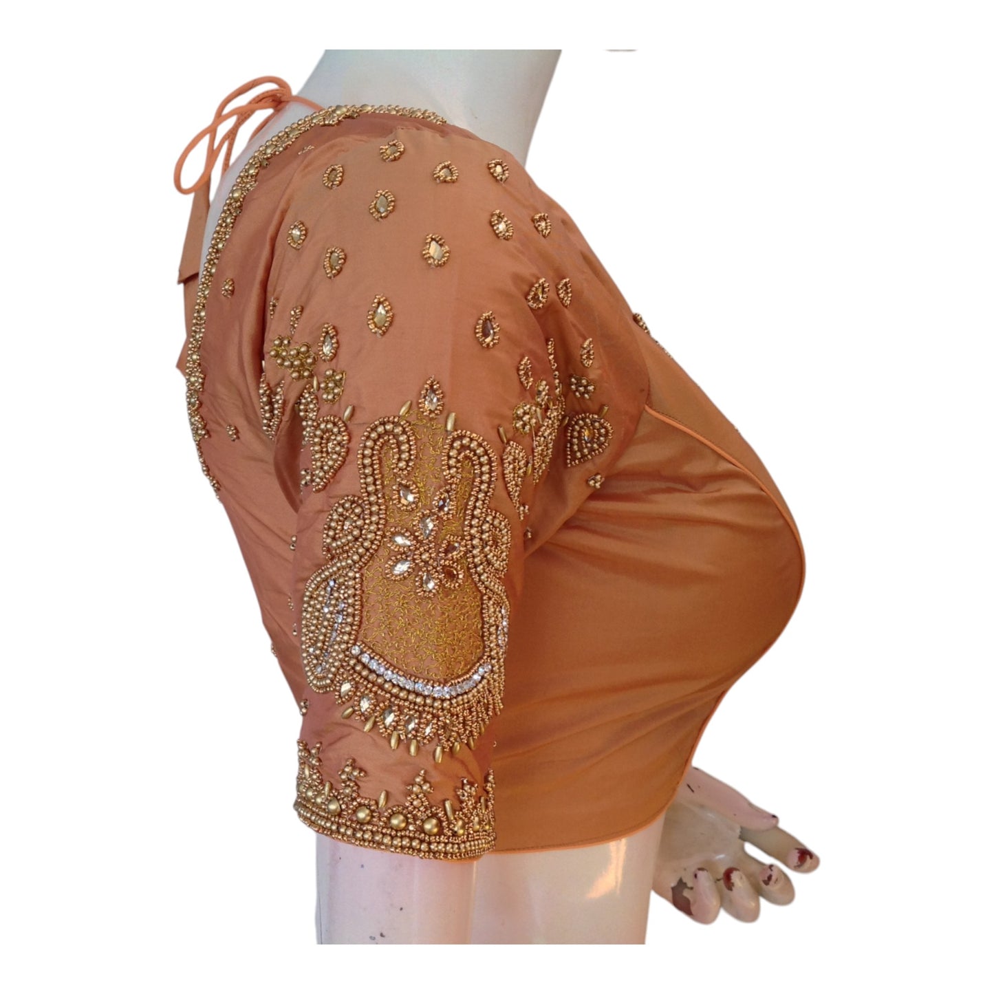 Handcrafted Peach Silk Saree Blouse with Delicate Aari Handwork