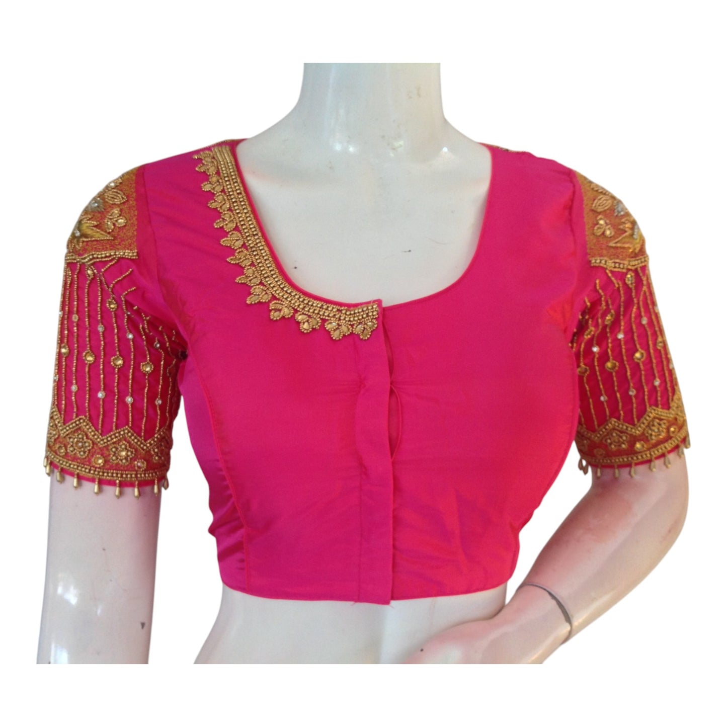 Designer Neck Pink Aari Work Wedding Silk Saree Blouse - Handcrafted Elegance