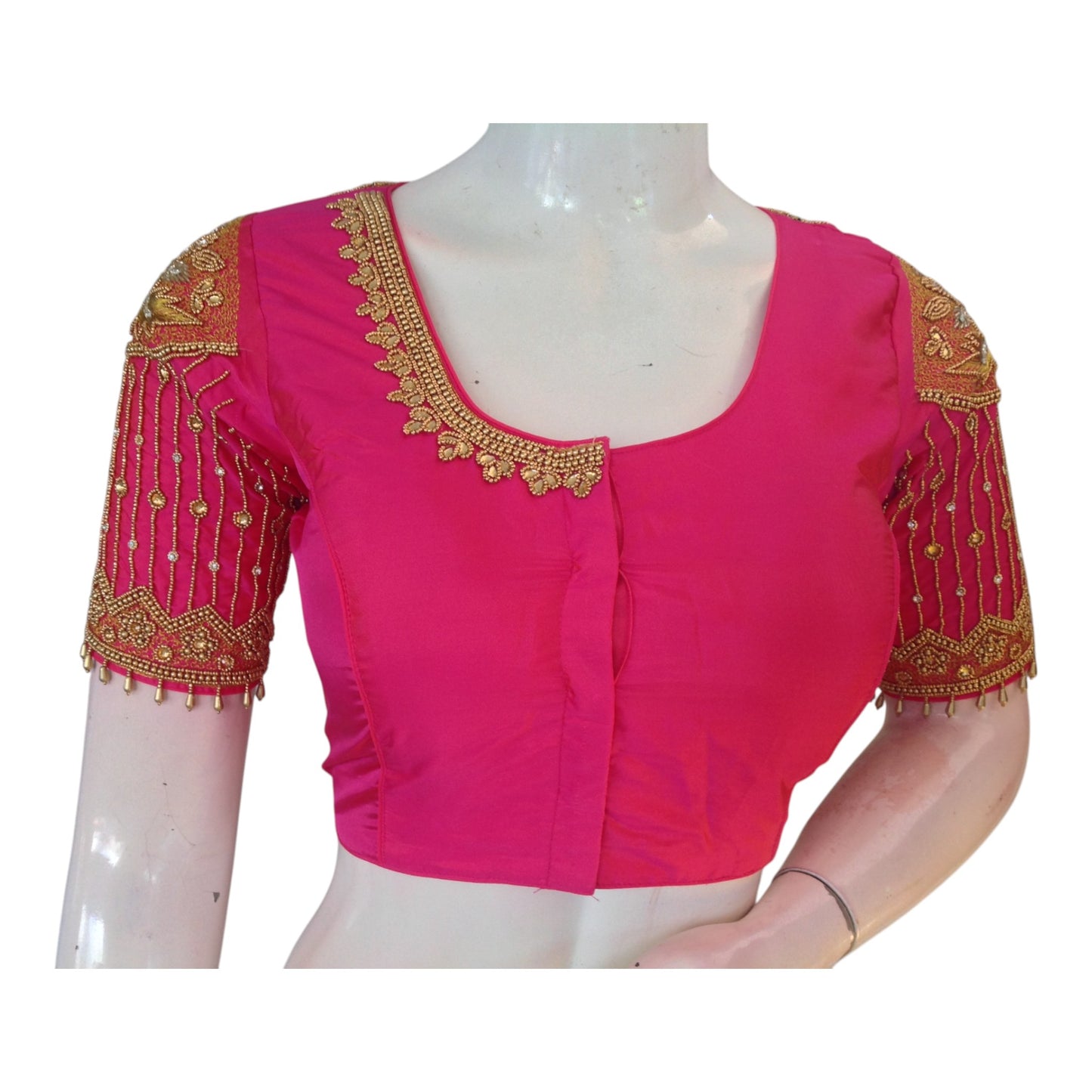 Designer Neck Pink Aari Work Wedding Silk Saree Blouse - Handcrafted Elegance
