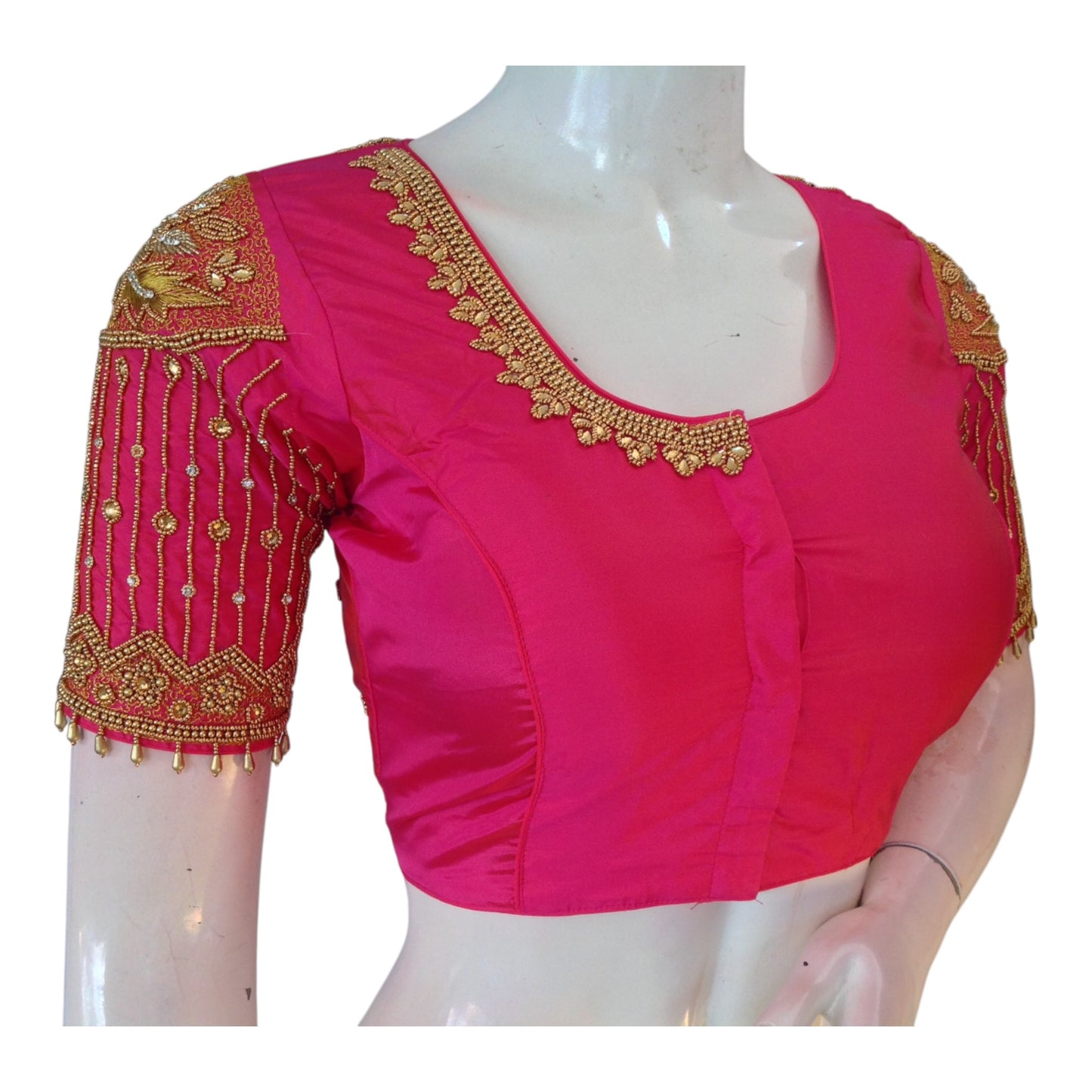 Designer Neck Pink Aari Work Wedding Silk Saree Blouse - Handcrafted Elegance