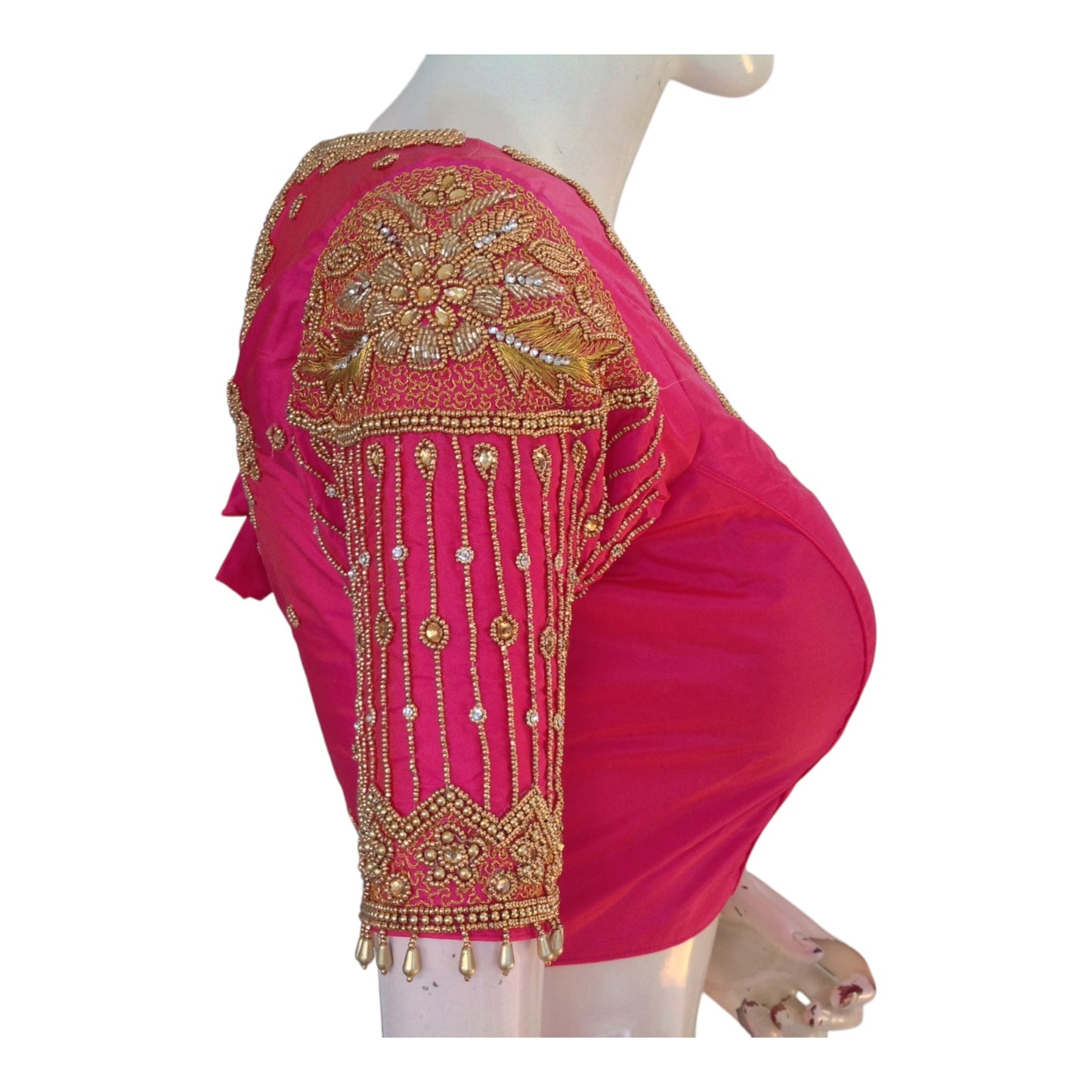 Designer Neck Pink Aari Work Wedding Silk Saree Blouse - Handcrafted Elegance